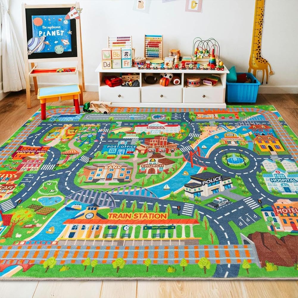 Upgrade Ultra Non Slip Kids Car Rug, Kids Road Playmat Rug for Toy Cars, Educational Town City Map Washable Carpet for Boy Playroom Bedroom, Safer Car Track Play Mat for Children Baby Toddler, 60"x36"