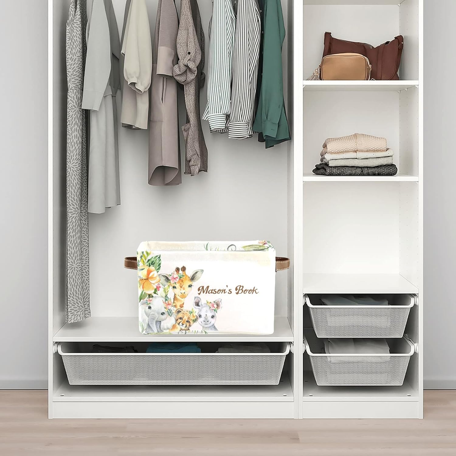 Wild Safari Friend Animals Personalized Storage Bins Baskets Cubes Organizer with Handle for Shelves Closet Nursery Toy 1 Pack