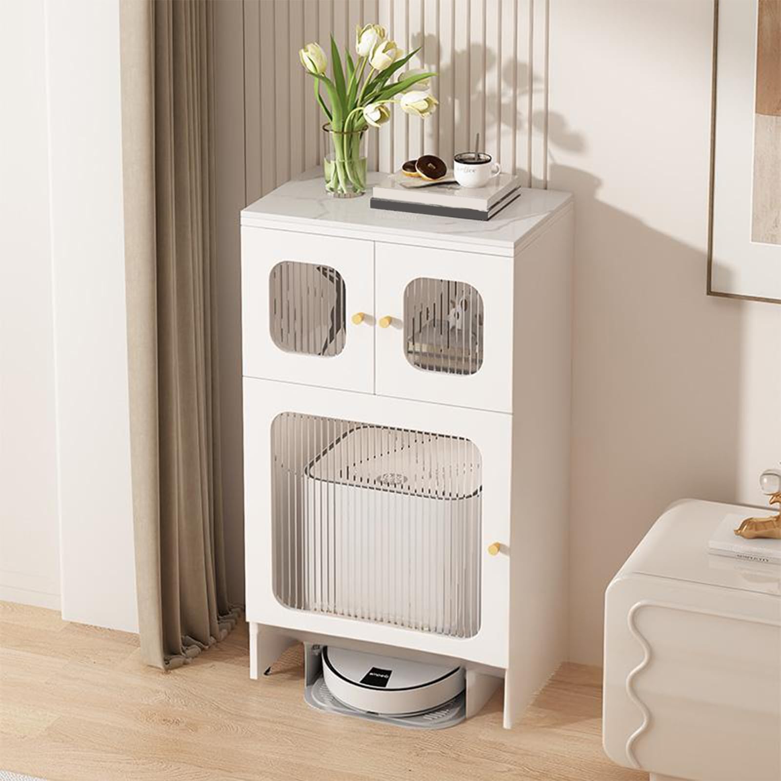MESCXTY Robot Vacuum Hidden Storage Cabinet with Wheels, for Sweeping Robots, Side Table Cabinet, Living Room Kitchen(White)