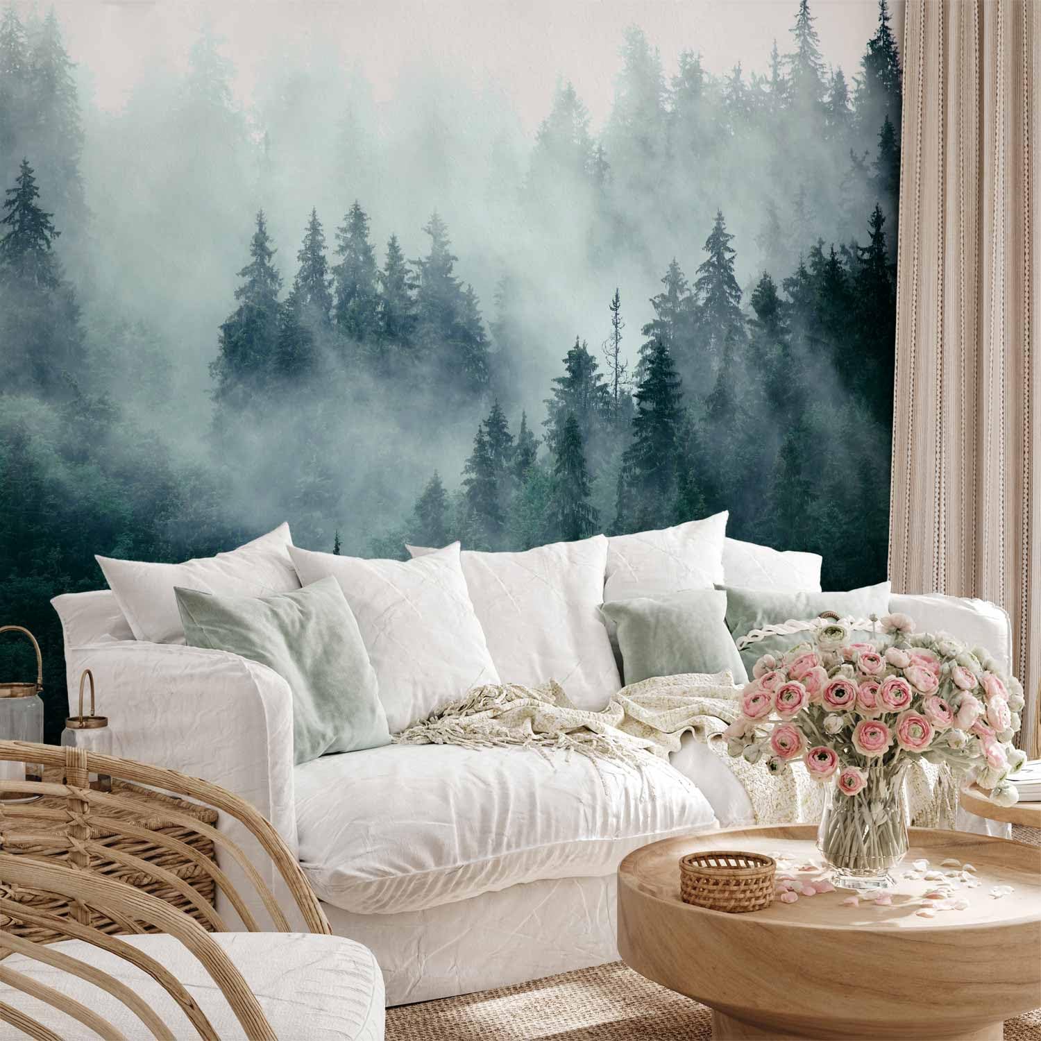 murando Fototapete selbstklebend Wald Nebel 490x350cm Foto Tapete Tapetenfolie Möbelfolie Wandverkleidung Wandtapete Motivtapeten Bildtapete Wohnzimmer 3d Effekt Modern Natur Landschaft skandinavisch