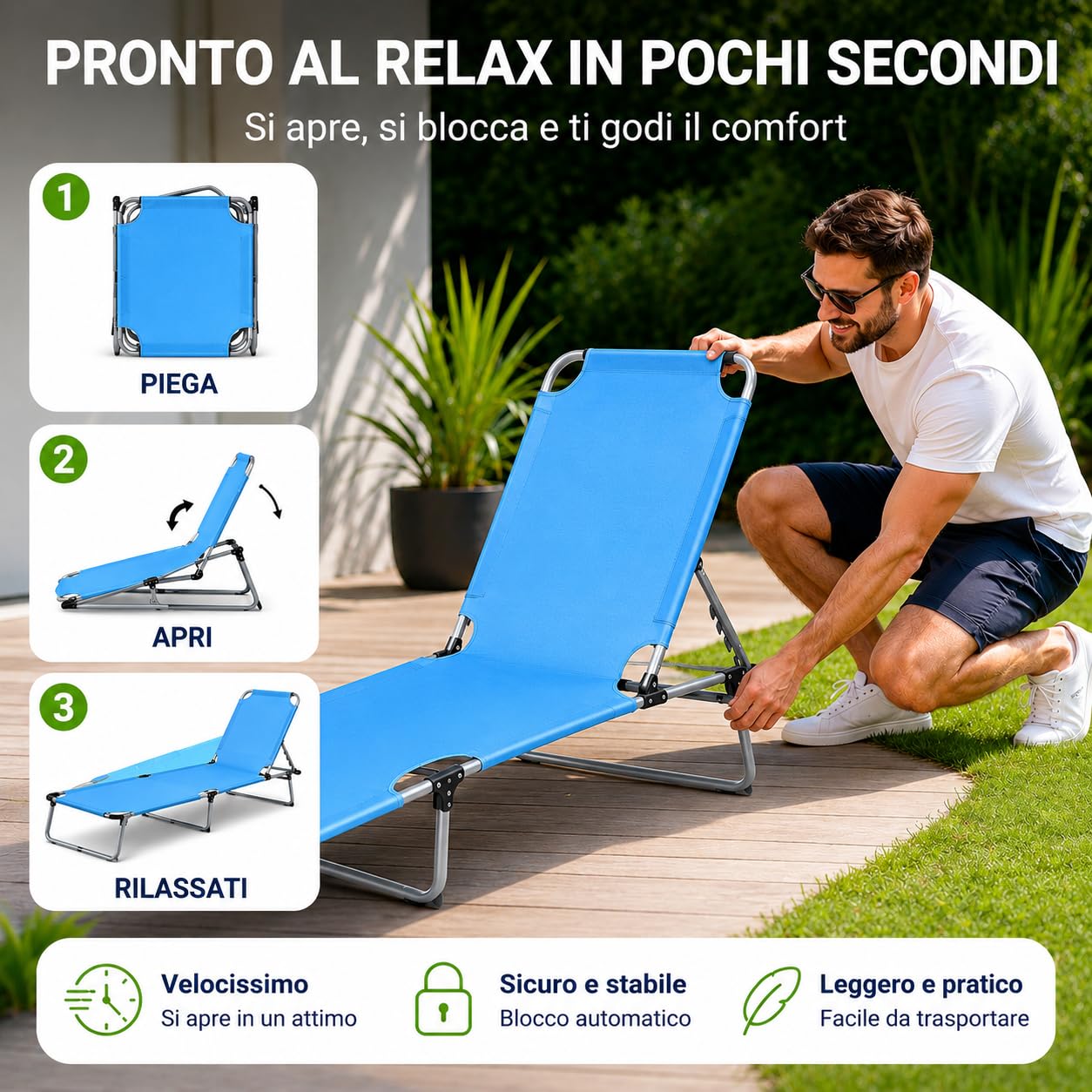 COGLIANESE CASA & RICAMBI Lettino Prendisole Azzurro (187 x 55 x 25,5 cm) - NESSUN MONTAGGIO - ANTIRUGGINE - Tessuto Oxford Traspirante e Antistrappo - Schienale Regolabile Su 5 Livelli