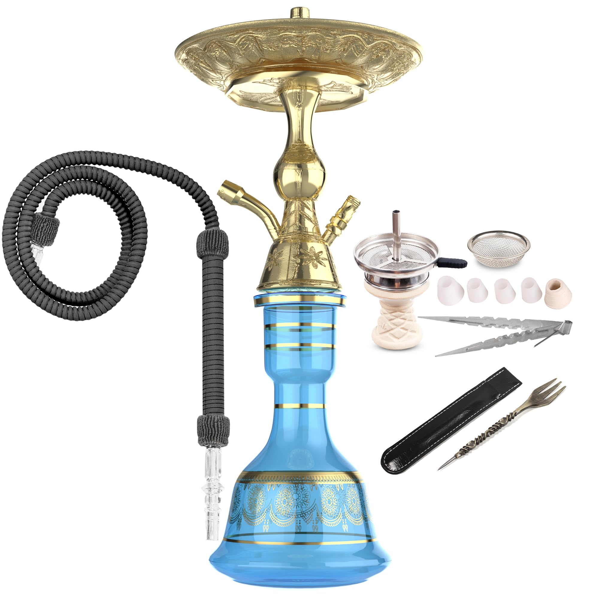 Luna Hookah Premium Travel Tradi Shisha Kit complet Design élégant | Pipe à eau traditionnelle 43 cm avec tête en pierre, cheminée, tuyau traditionnel et pince (Bleu Océan)