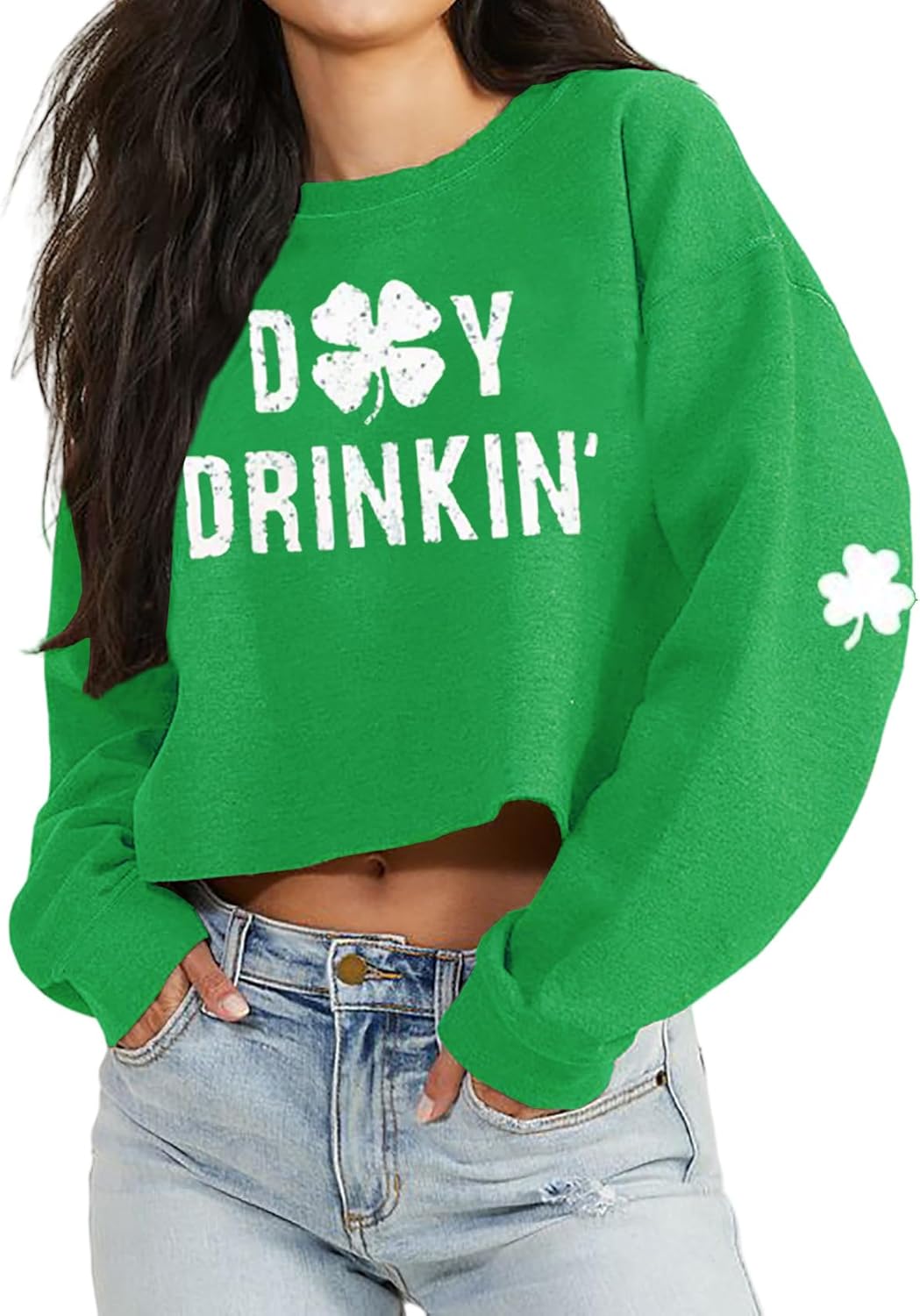 St Patrick's Day Crop Tops for Women Irish Shamrock Graphic Shirt Funny Lucky Clover Long Sleeve T-Shirt Tops