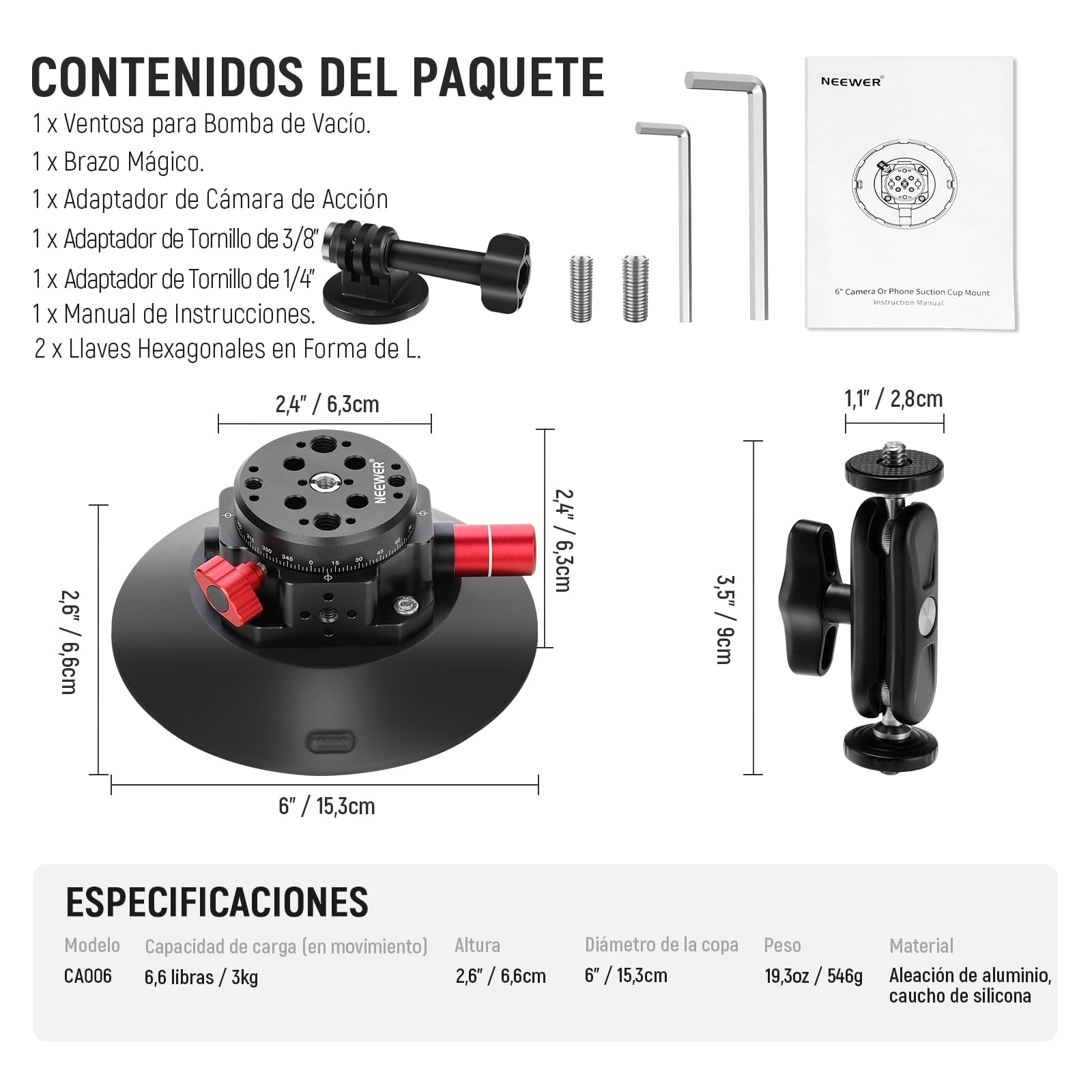 NEEWER 6"/15.2cm Soporte Ventosa Cámara con Brazo Mágico Cabezal Esférico, Metal Suction Cup Mount Parabrisas Coche, Ideal para Action Camera/Phone Holder con 1/4" & 3/8" Orificios para ARRI