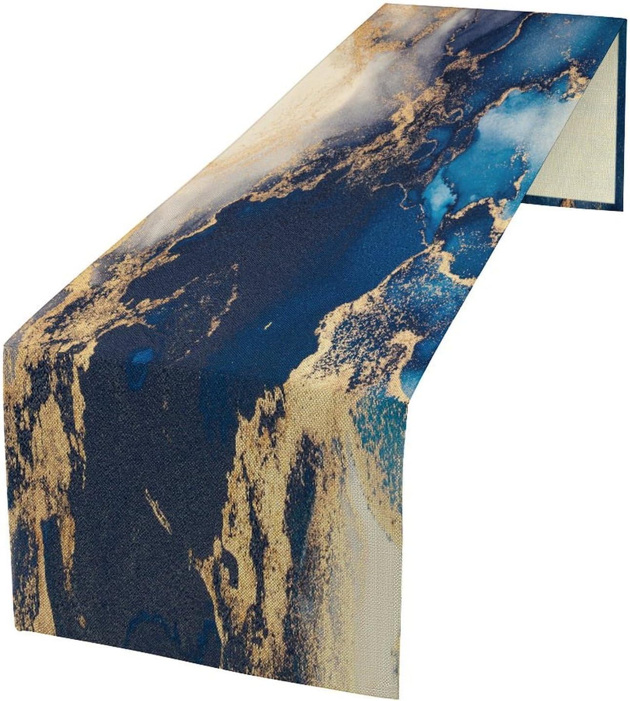 Marble Table Runner,Navy Blue Gold Stripe Marble Farmhouse Pattern Table Runner for Coffee Table Dining Room Table Bedroom Party Holiday Decor 13x120inch