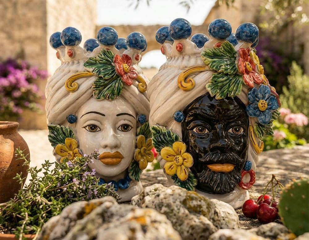 Vases têtes de maures Caltagirone 30cm en céramique sicilienne artisanale d'exception