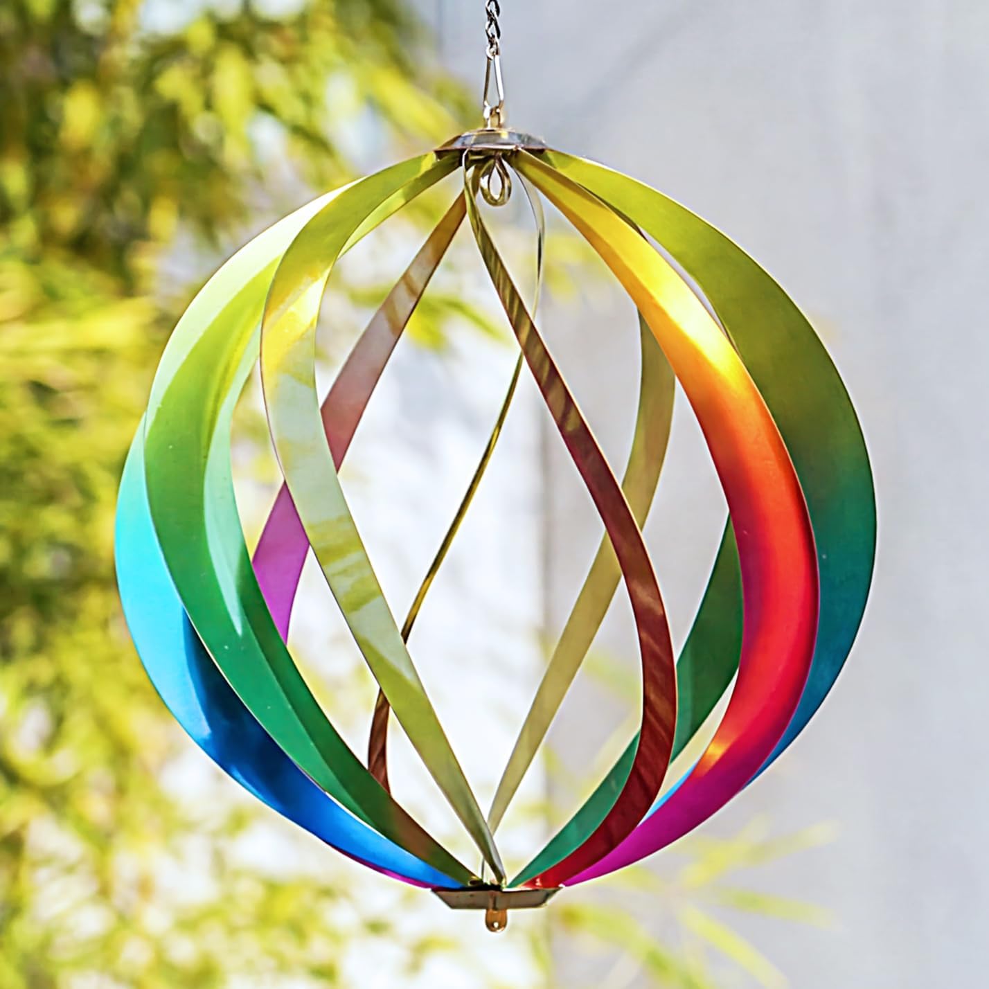 Hanging Wind Spinners Outdoor - Tool-Free Assembly Garden Wind Spinners, Spring Metal Yard Decor with Dual Hooks for DIY Accessories, Weatherproof Rust-Resistant 3D Ball(Rainbow, 8 Inch)