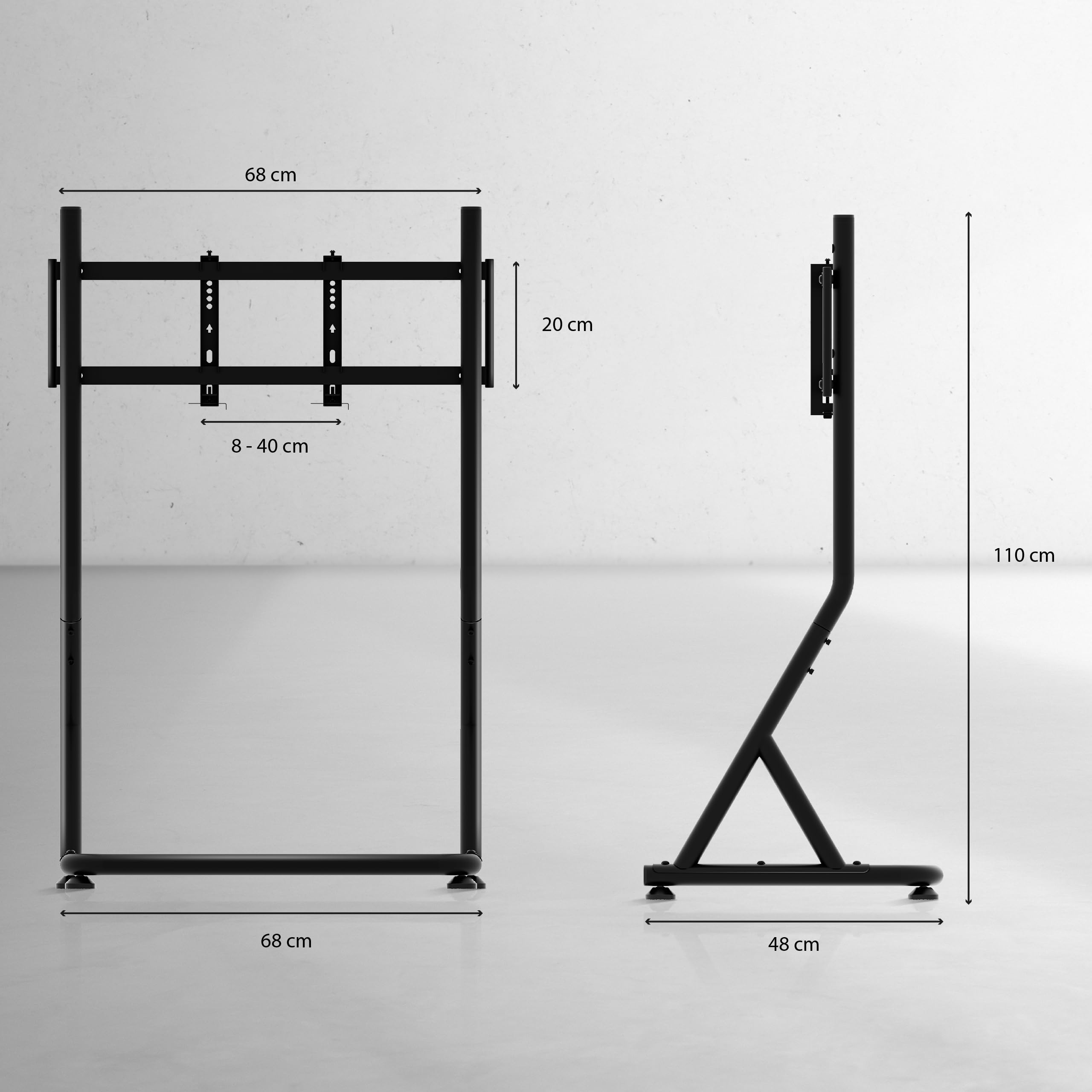 huzaro Speed 9.1 - Simracing Monitor Stand TV Stand Ständer Bodenständer - VESA 75x75, 100x100, 200x100, 200x200, 300x200, 400x200 mm - für 32 bis 55 Zoll - bis zu 50kg - Höhenverstellbar - Schwarz
