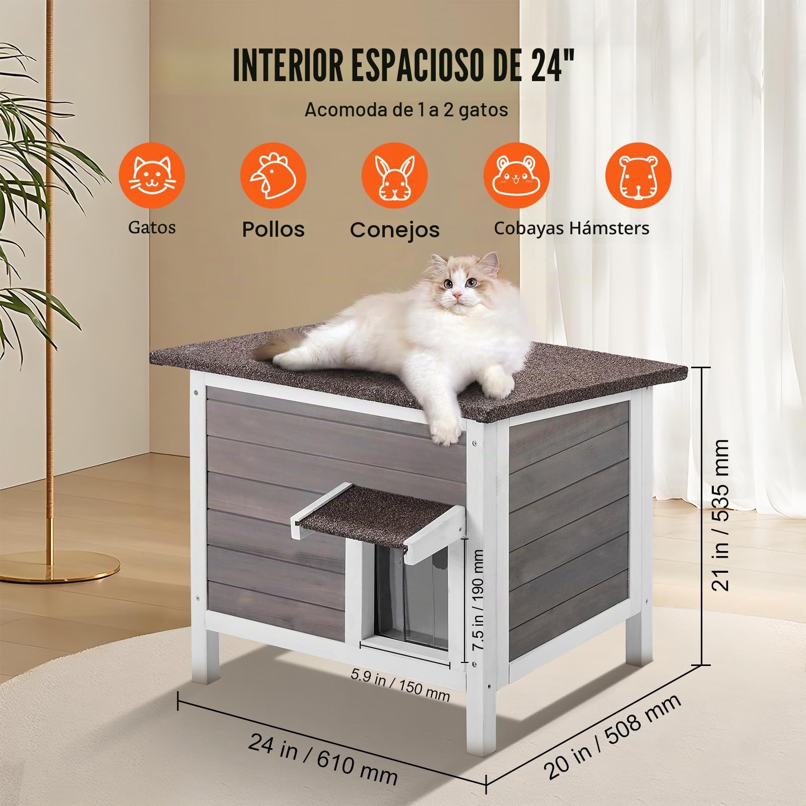 VEVOR Casa para Gatos de Exterior de 610 x 508 x 535 mm, Refugio para Varios Gatos de Madera de Exterior con Aislamiento de Espuma en Todos Los Lados, Techo Abierto, Puertas con Solapas de PVC, Gris