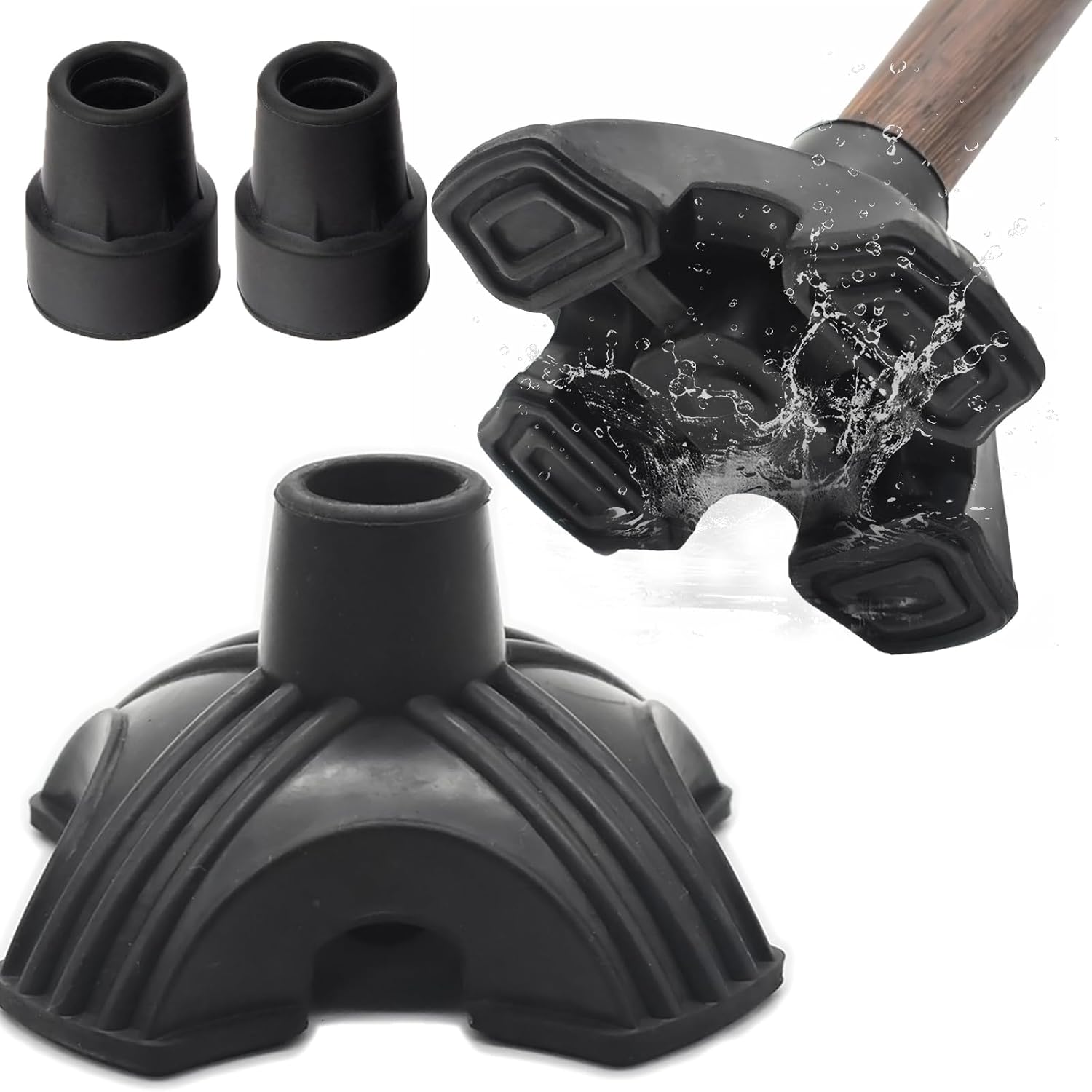 1/2', 3/4', 7/8' Walking Cane Tips 4 Pack Set, No-Slip Quad Cane Replacement of Black Rubber Tips, Heavy Duty Walking Stick Base, Anti Skid Cane Foot for Stability Crutch Tips