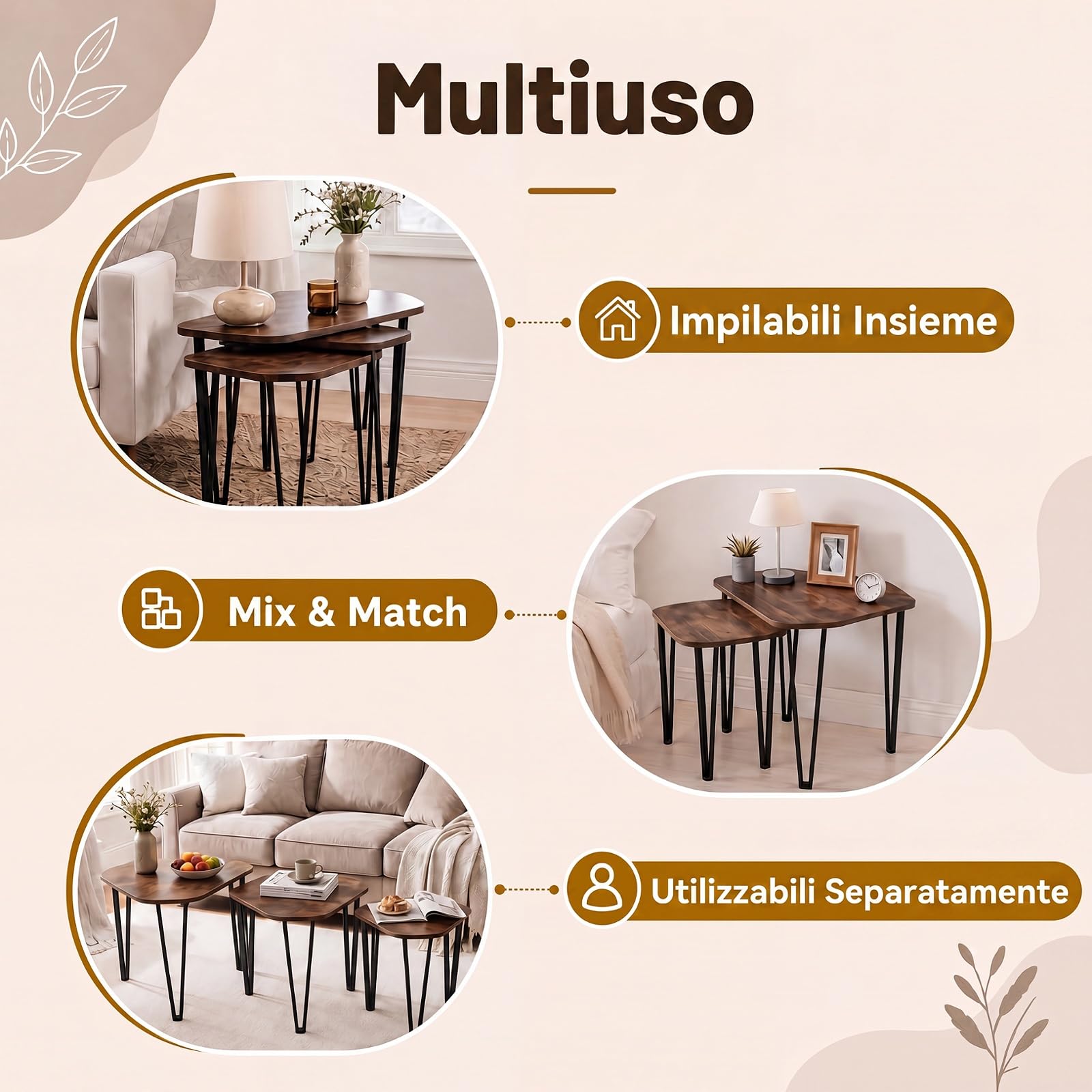 RELAX4LIFE Set 3 Tavolini Sovrapponibili da Salotto con Ampio Piano | Tavolini da Caffè Impilabili con Struttura in Metallo Robusta e Aspetto Industriale per Soggiorno, Sala d'Attesa e Ufficio