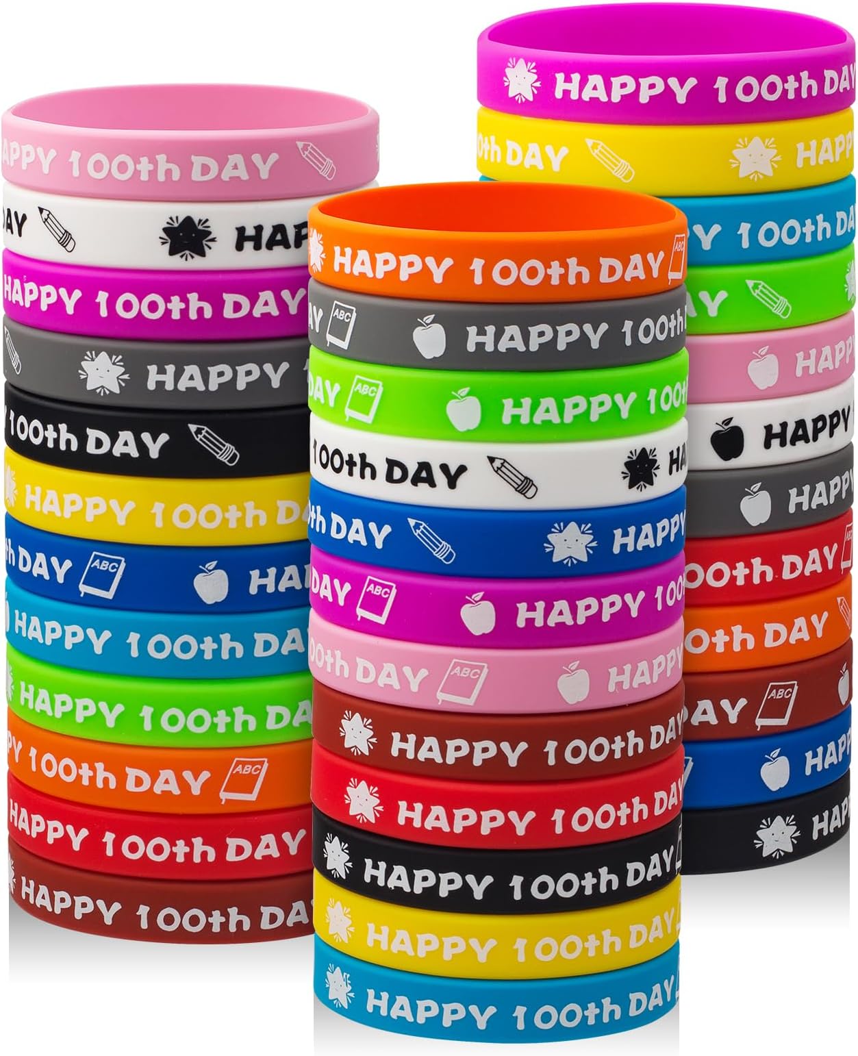 - 36PCS Happy 100th Day Bracelets Colorful Silicone Wristbands Cute 100th Day of School Gifts Rubber Bracelets for School Classroom Party Favors Supply Student Rewards
