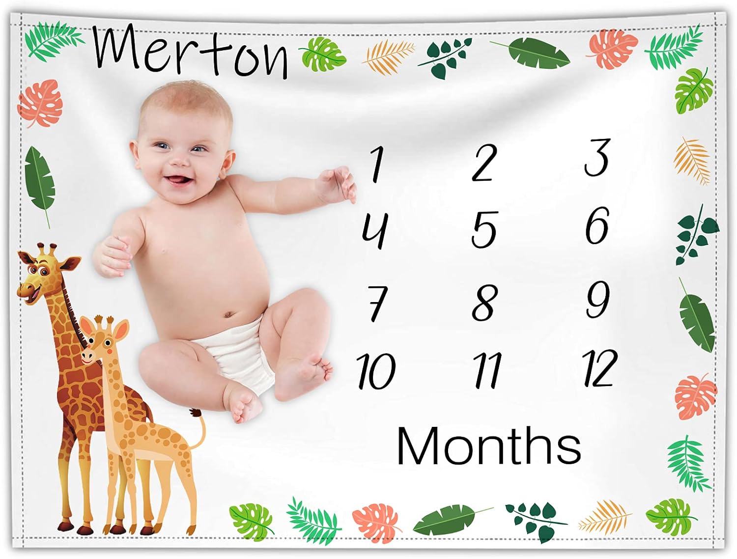 Custom Baby Monthly Milestone Blankets Personalized Giraffe Name Babies Growth Chart Customize Animals Blanket for Boy Girl 60x80cm