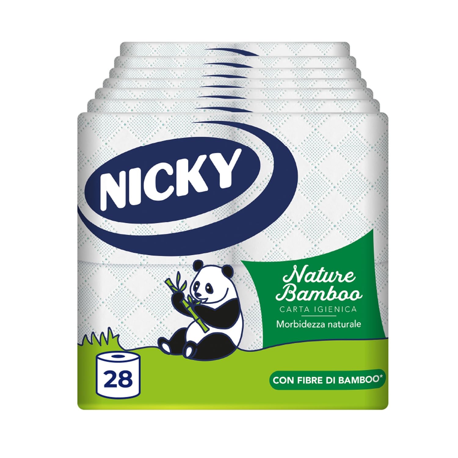 Nicky Nature Bamboo - 28 Rotoli di Carta Igienica, 160 Soffici Fogli a 3 veli di Pura Cellulosa e Arricchiti di Fibre di Bamboo, Morbida e Confortevole, Sostenibile Dentro e Fuori, Bianca