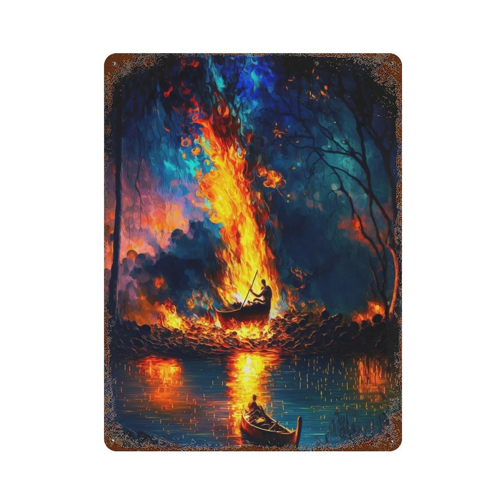 Magical Forest Fire Scene Retro Metal Sign 15.7"x11.8", Novelty Wall Decor for Farmhouse, Kitchen And Entryway Decor