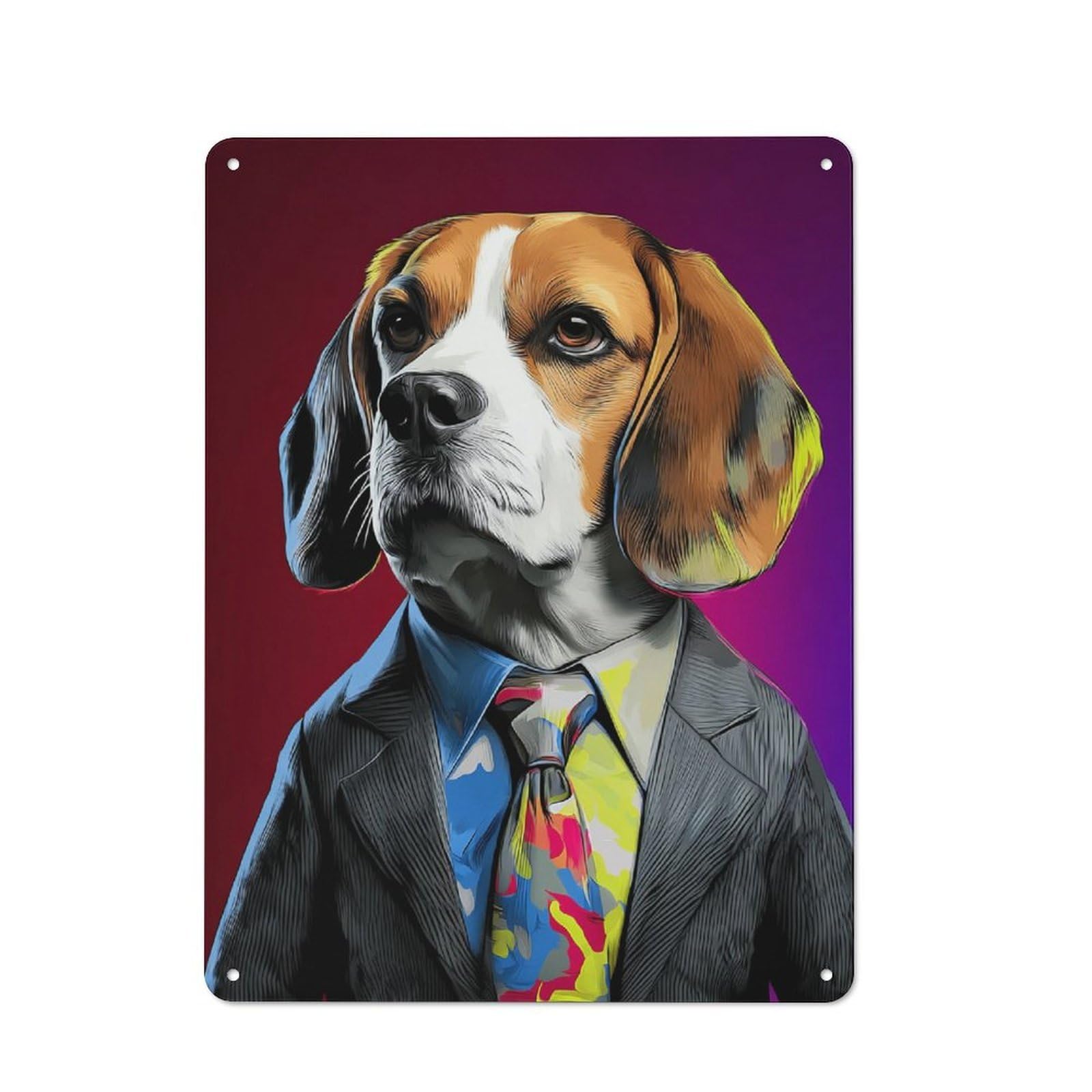 Colorful Beagle in Sharp Suit Smart Metal Wall Decor 40x30cm, Office Metal Sign for Office, Study, Studio Or Hallway