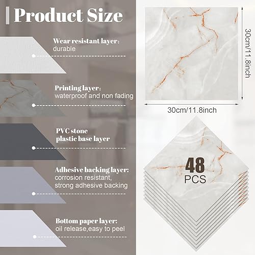Miniatura 2 de Spiareal 48 azulejos de suelo de 12 x 12 pulgadas para despegar y pegar en azulejos de vinilo autoadhesivos impermeables para baño, cocina,