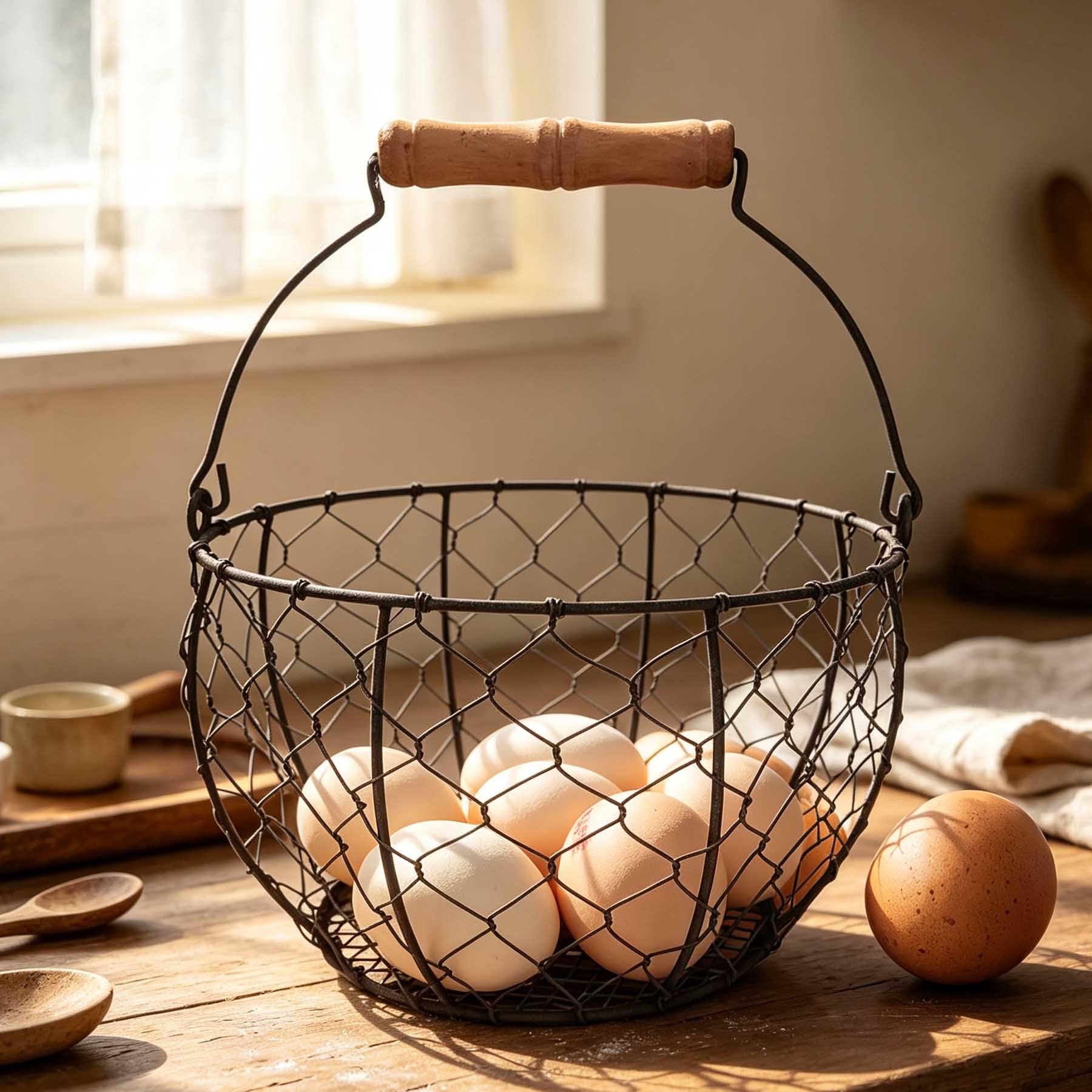 Cesta de huevos de alambre para recoger huevos frescos | Cesta de huevos de gallina para recoger huevos con asa, estilo vintage de granja para encimera de cocina y gallinero