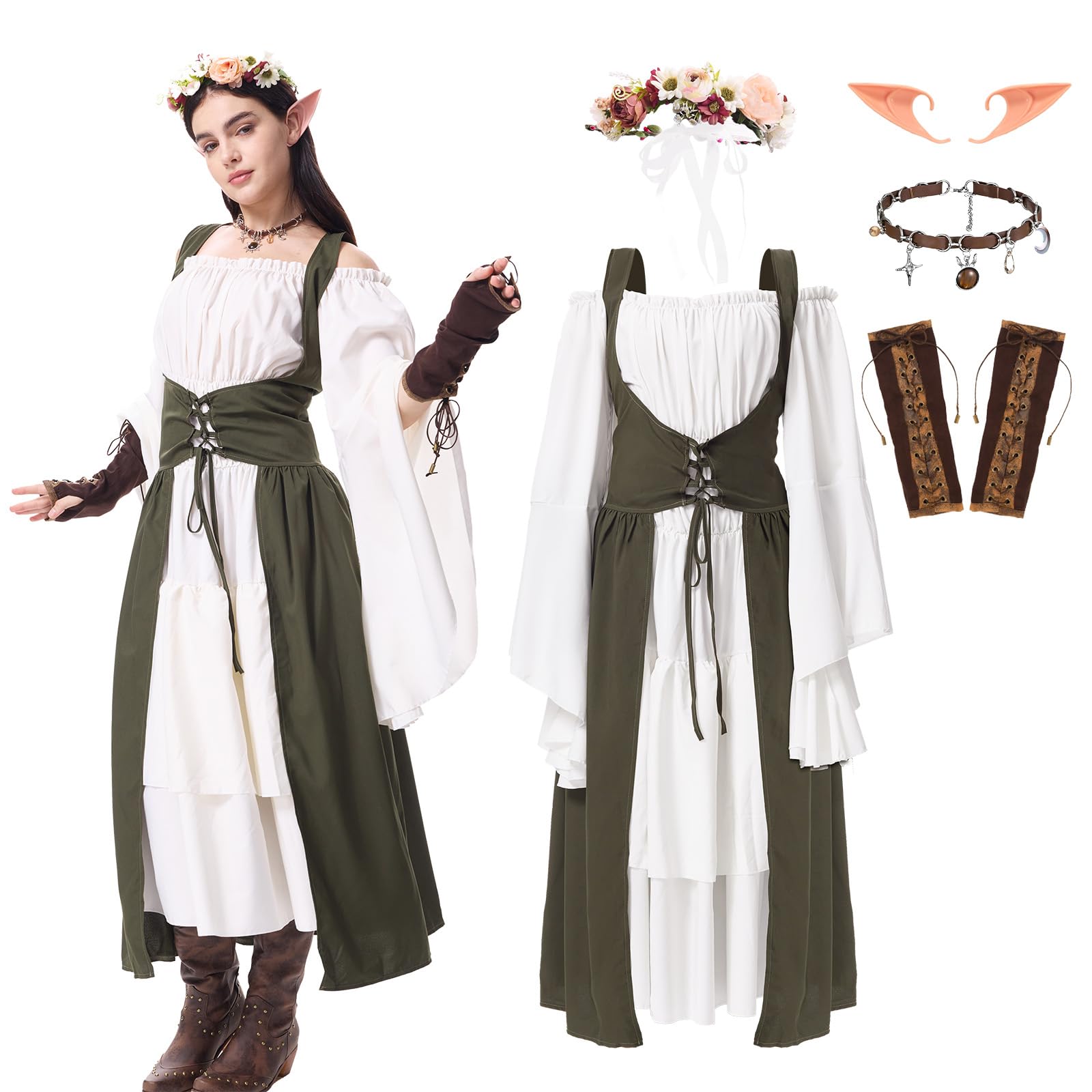 Skknuny Renaissance Dress Women Medieval Costume Ren Faire Outfit with Flower Crown Necklace Gloves for Halloween Elf Cosplay (M)