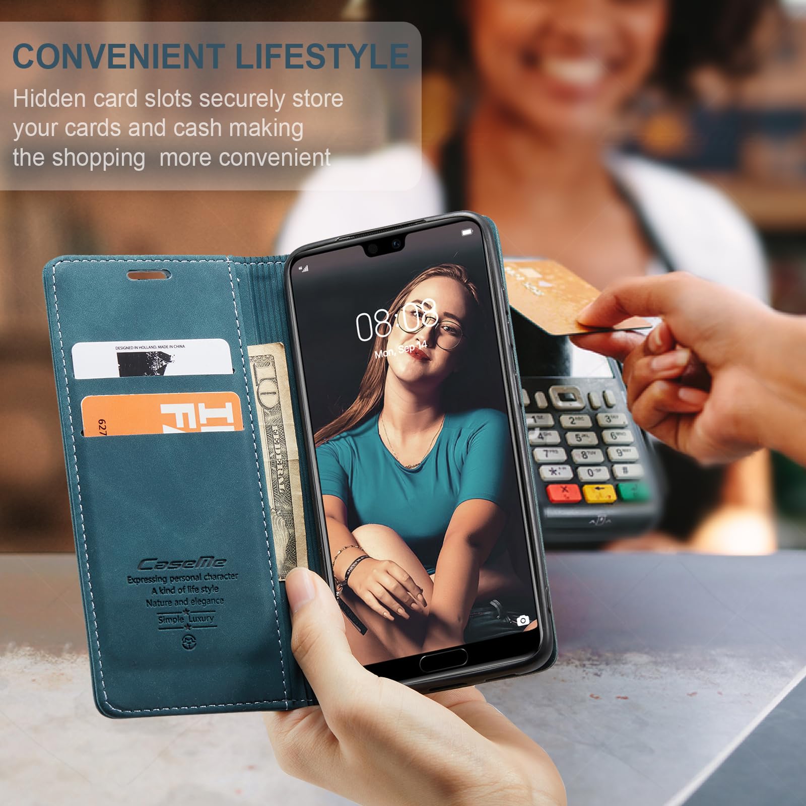 for Huawei P20 Case, Wallet Case Flip Leather with Card Holder Magnetic Closure Shockproof Kickstand Protective Phone Cases Cover for Huawei P20,Blue-Green — view 4