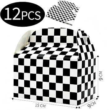 12 Pcs Racing Party Box Checkered Treat Box Handle 15x9x9 cm Cardboard