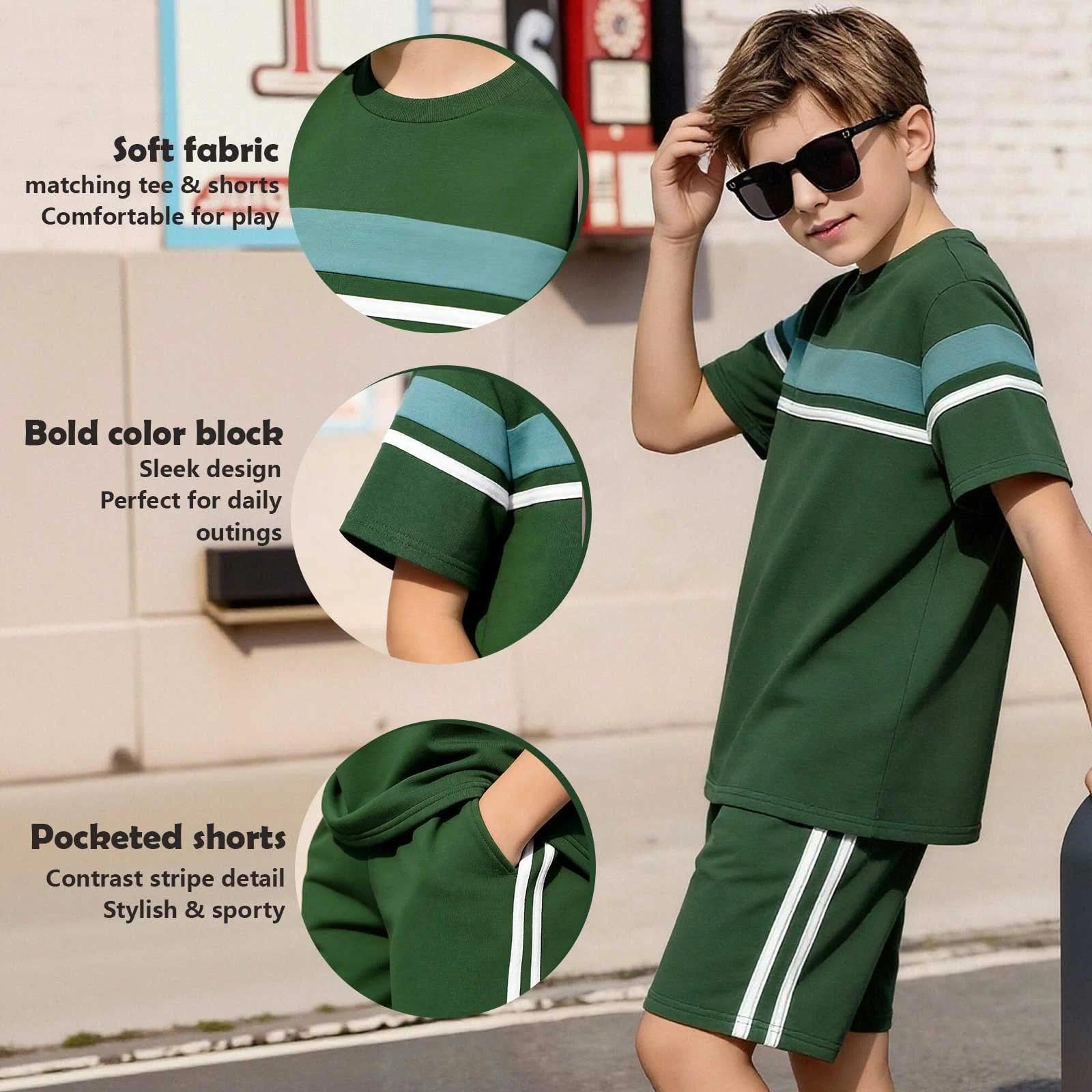 Conjunto de dos piezas de manga corta y pantalones cortos de algodón puro a rayas para niños, transpirable, casual, vacaciones, ropa deportiva de 4 a 13 años — view 3