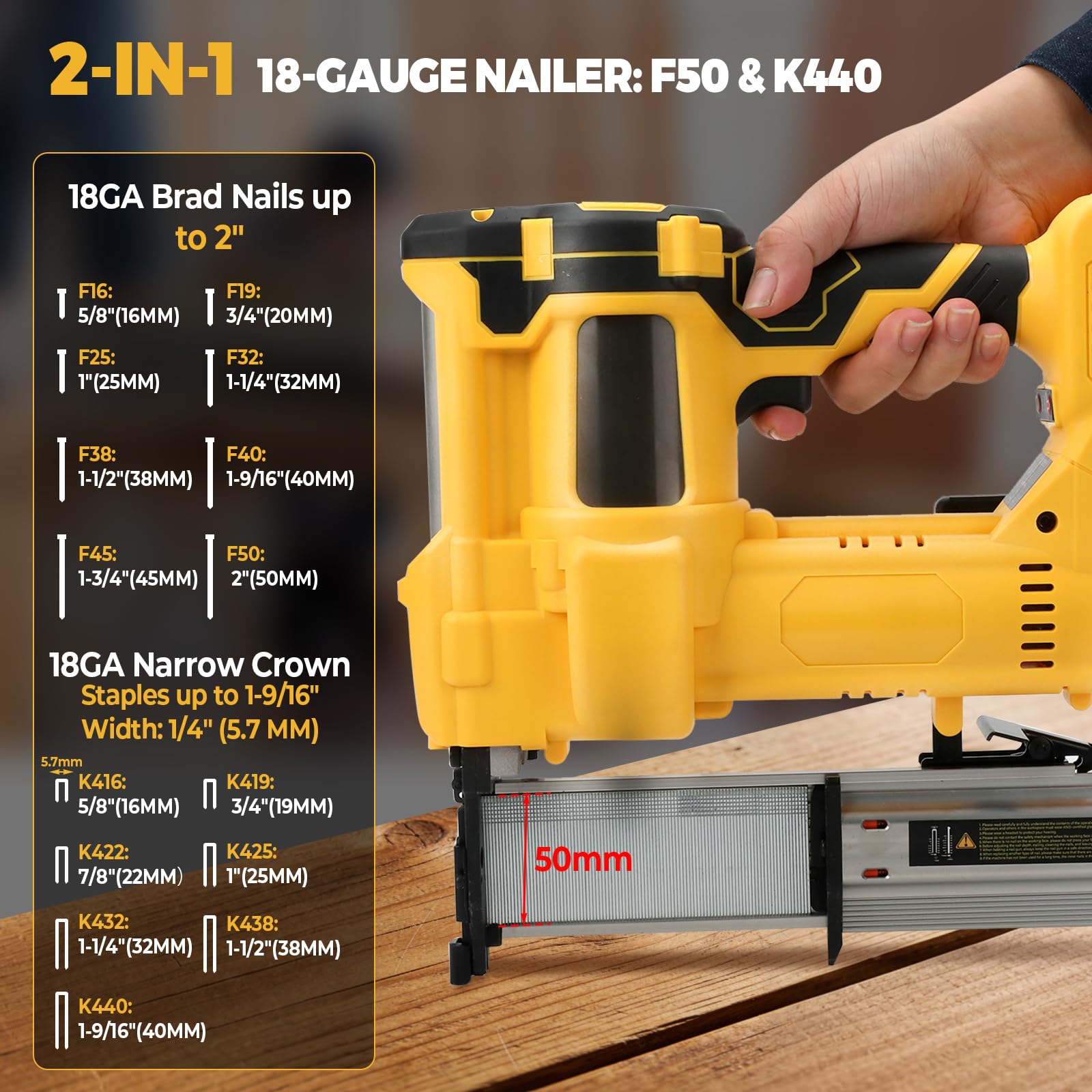 Clavadora inalámbrica de 2 pulgadas de 18GA compatible con Dewalt 20 V, pistola de clavos 2 en 1 sin escobillas y pistola de grapas con clavos F50 y grapas K440 para carpintería en el hogar
