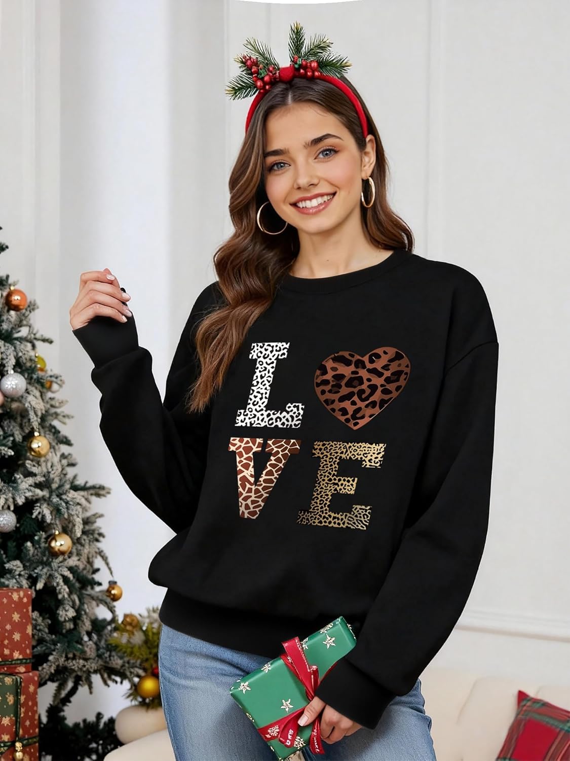 Women’s Oversize Sweatshirt Loose-Fit Thin Top 2026 Valentines Gift Love Leopard Print Hip-Hop Y2k Shirt - Image 3