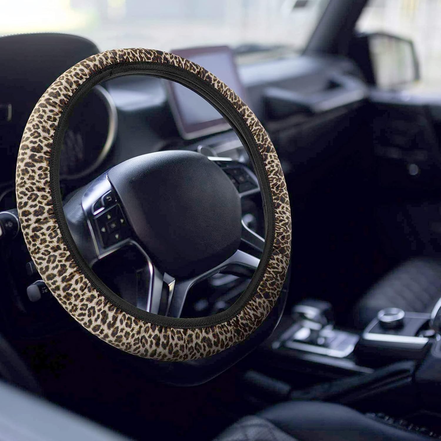 23 PCS Leapord Print Car Assecories, Include Seat Cover Leopard Steering Wheel Cover, Central Control Armrest Pad, Car Coasters and Keychain Holder, Headrest Covers, Ventilation Hole Decor