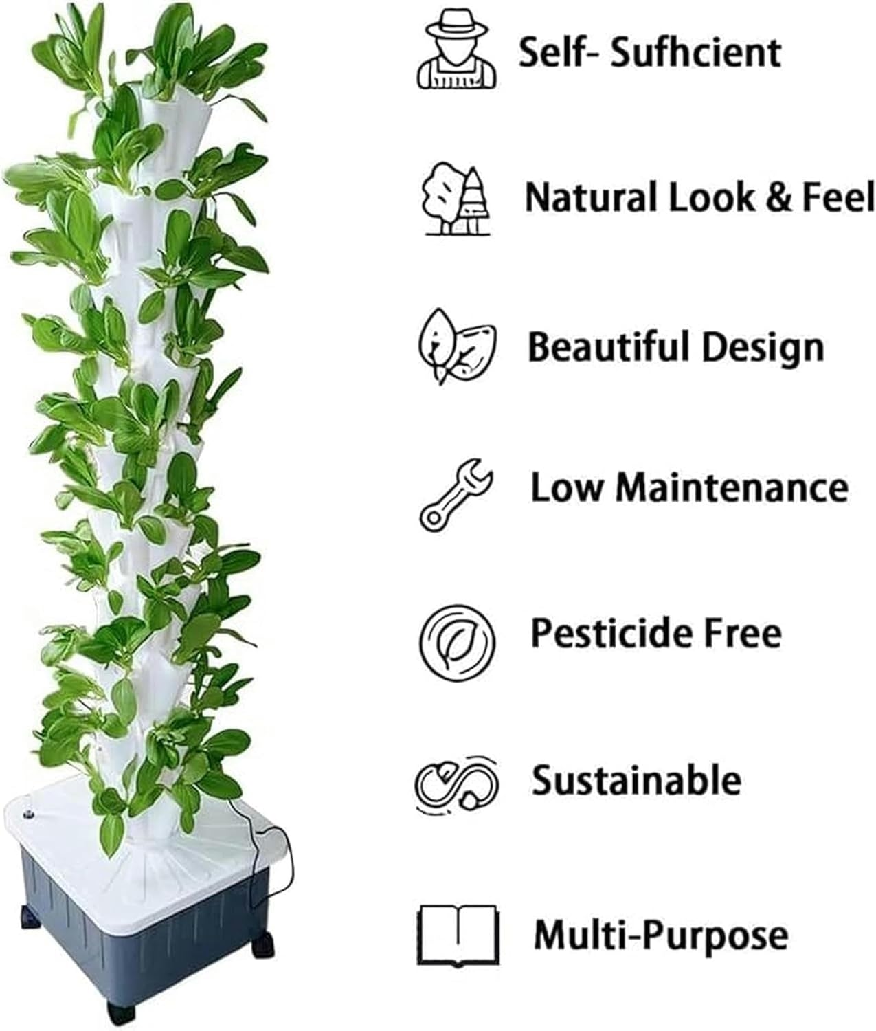 Hydroponic Tower, Soil -Free Cultivation, with Water Pump, Nest Basket, Sponge and Mobile Water Tank, Herbs, Fruits and Vegetables, White, 8 Layers // 1 Piece