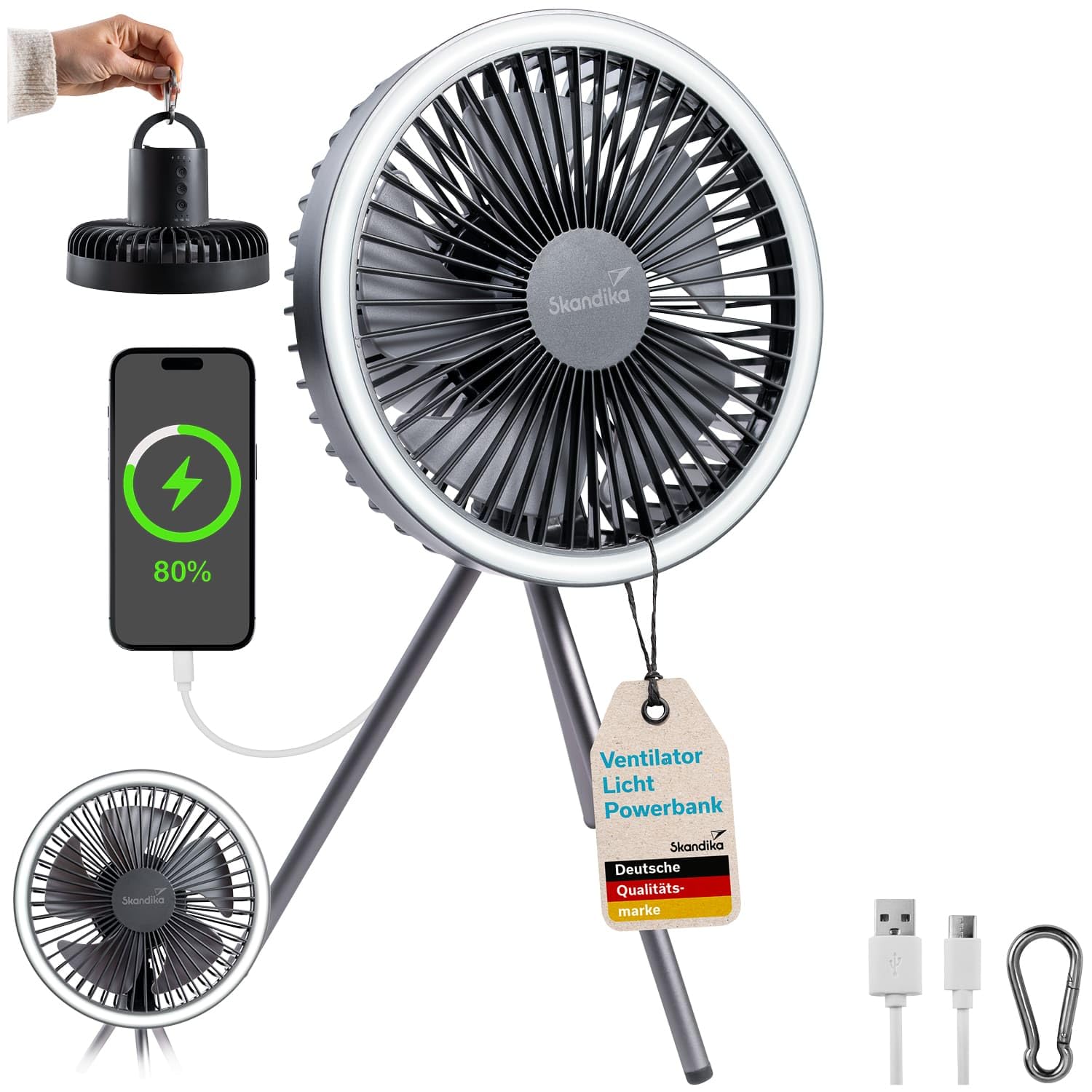 Lampe de camping multi-usage Skandika Solvind ventilateur et batterie USB-C