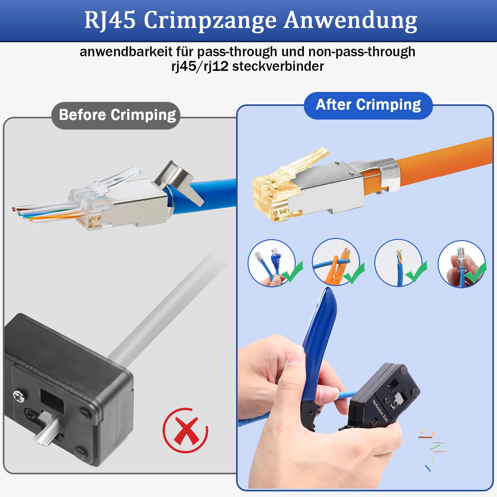 Juego de 33 alicates de crimpado RJ45 para Cat7, herramienta de red con pelacables y 20 conectores Cat 7 Lan Pass Through, bolsa de almacenamiento (set2)