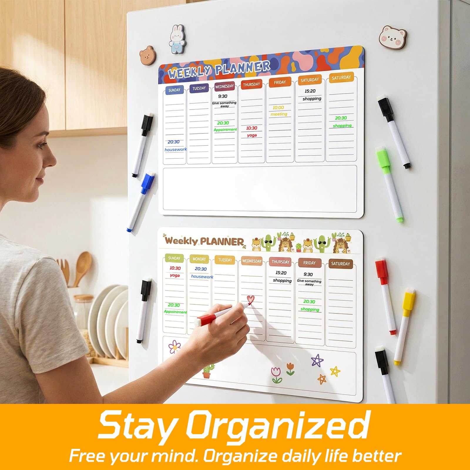 2 sztuki – Magnetyczny tygodniowy planer, suchościeralny, 42×30 cm – planer rodzinny i planer domowy, tablica magnetyczna do lodówki, planer menu, plan sprzątania, lista zadań do wykonania, tablica