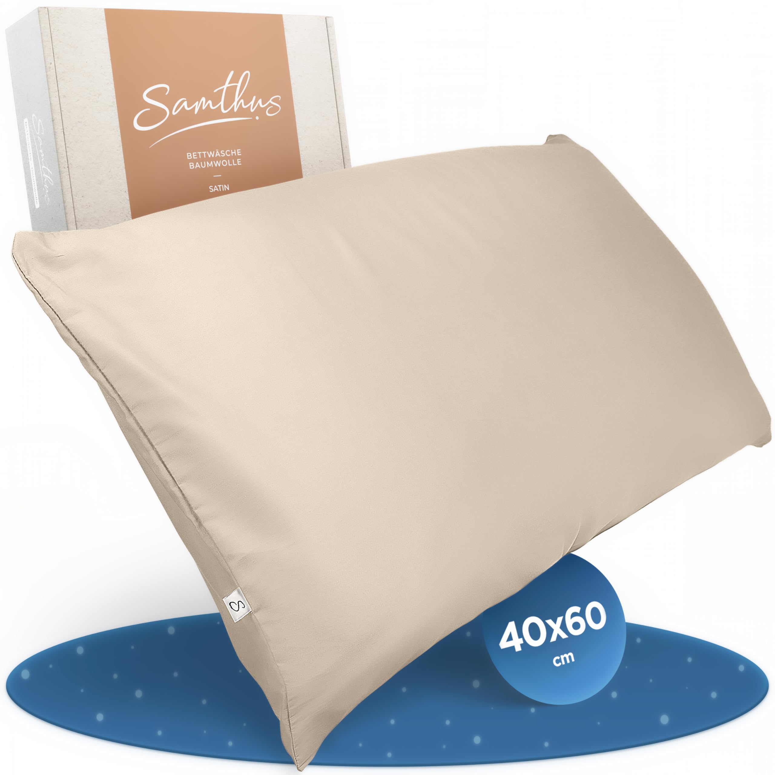 SamthusCushion Cover, 40 x 60 cm, Cotton Satin, Oeko-Tex Made in Green, Heavenly Soft Sleep with Breathable Pillowcase, 1 x Cushion Cover, Beige, with YKK Zip
