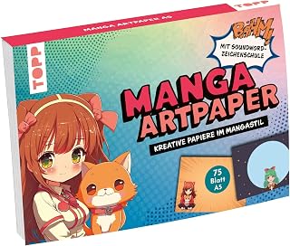 Manga Art Paper in DIN A5 with Soundword Drawing School. 75 Writing Papers (DIN A6, 220 g/m²), in 25 Designs, 16 Pages Soundword Drawing Course, Soft Cover