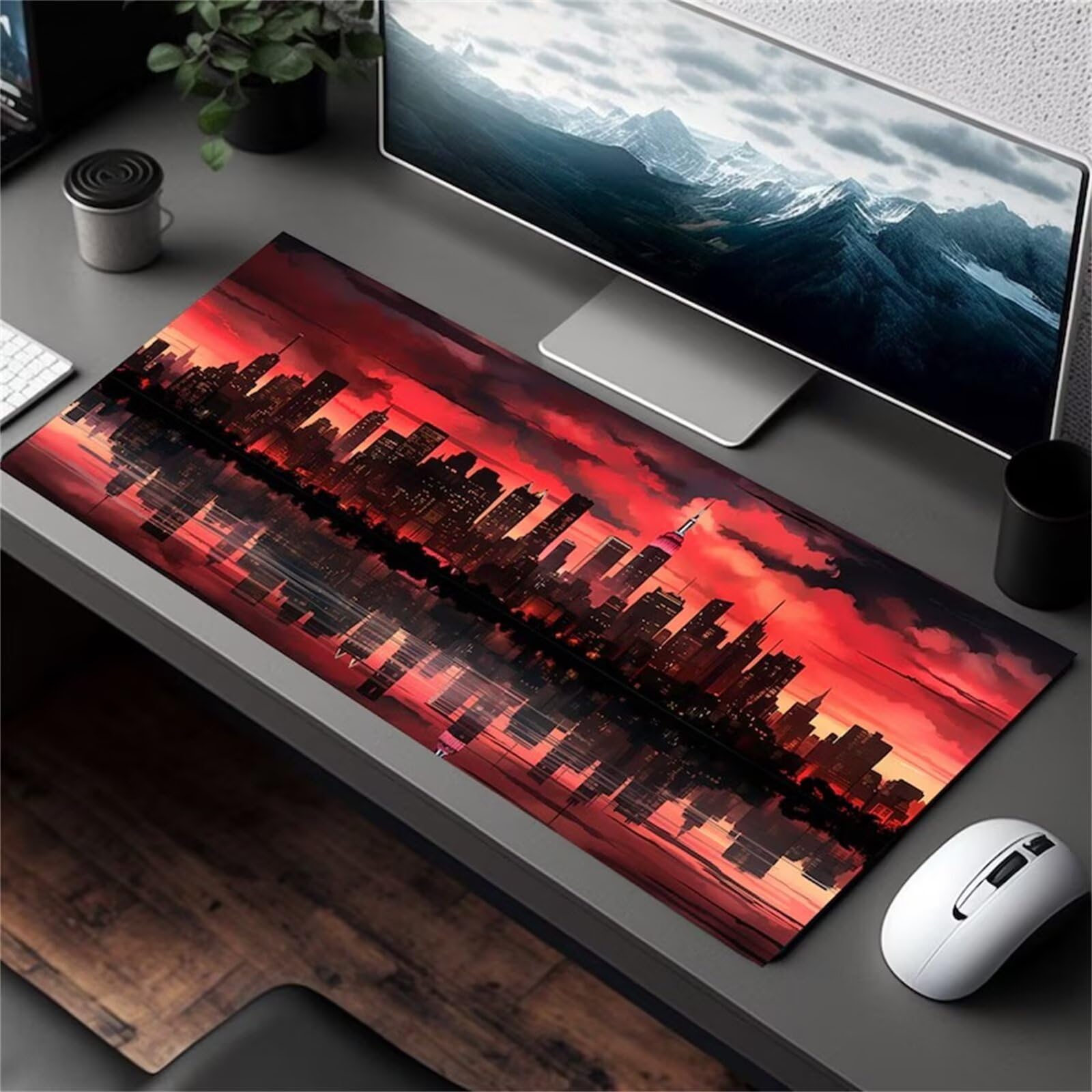 Podkładka na biurko, Red Black City Reflections Mat with Stitched Edges,Non-Slip Base Keyboard Mousepad for Home Office Gaming(3mm,900x300x2mm)