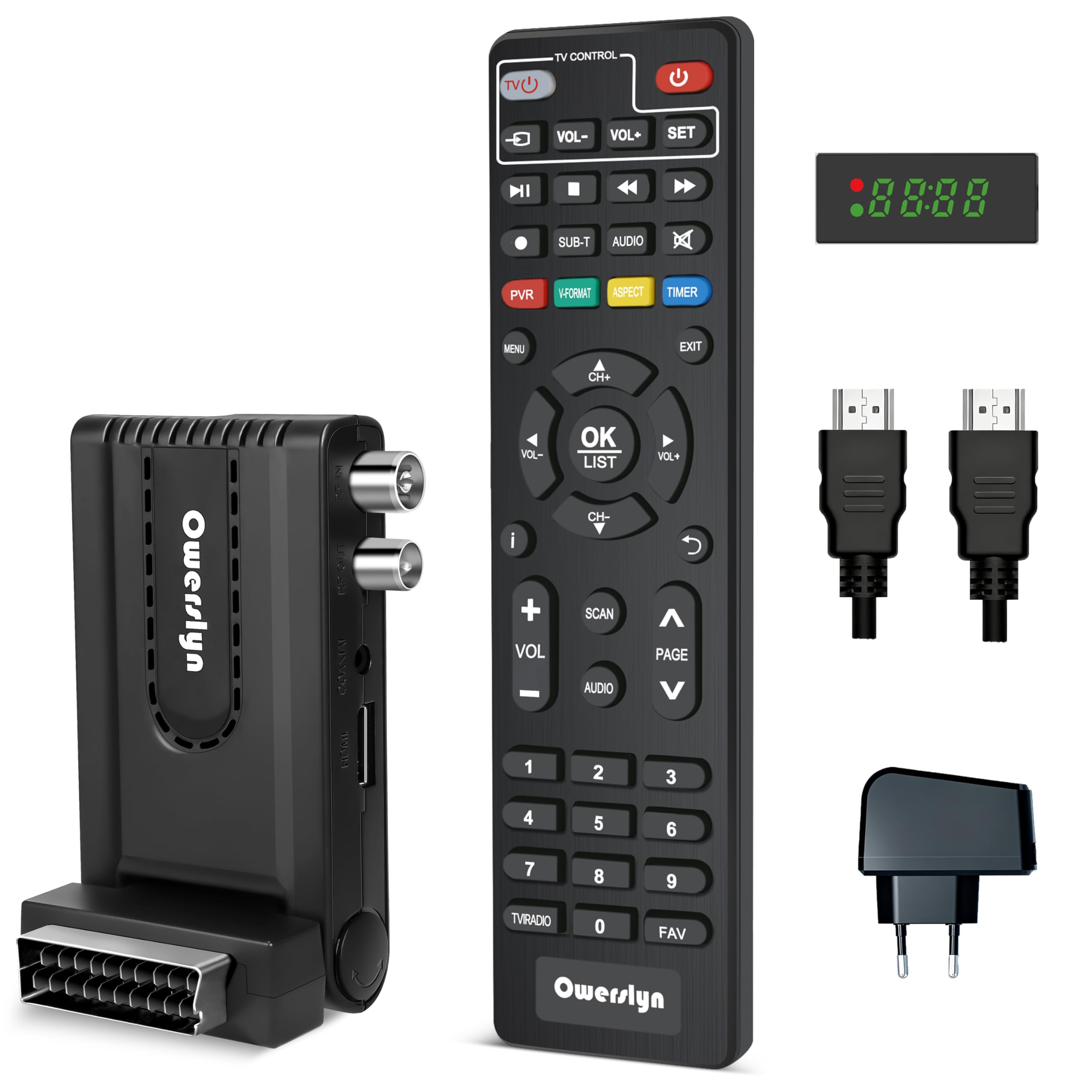 Dekoder cyfrowy naziemny 2024, OWERSLYN DVB-T2 HD 1080P, H265, HEVC, główny 10-bitowy, HDMI CEC, obsługa wyjścia HDMI/Scart i USB Multimedial/PVR [pilot 2w 1 z kontrolami TV]