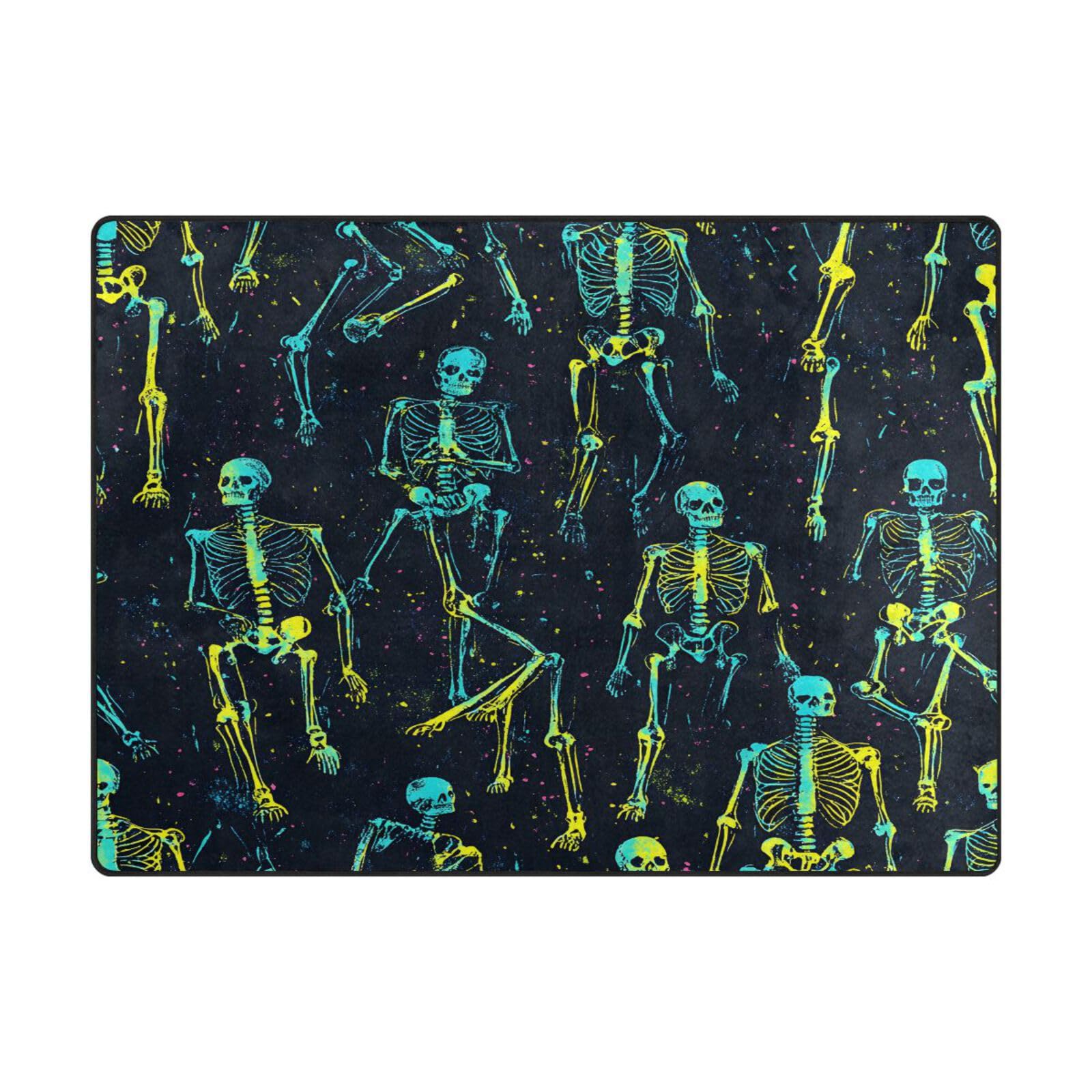 Tapis doux squelettes humains néon, grand revêtement de sol moderne de 203 x 147 cm