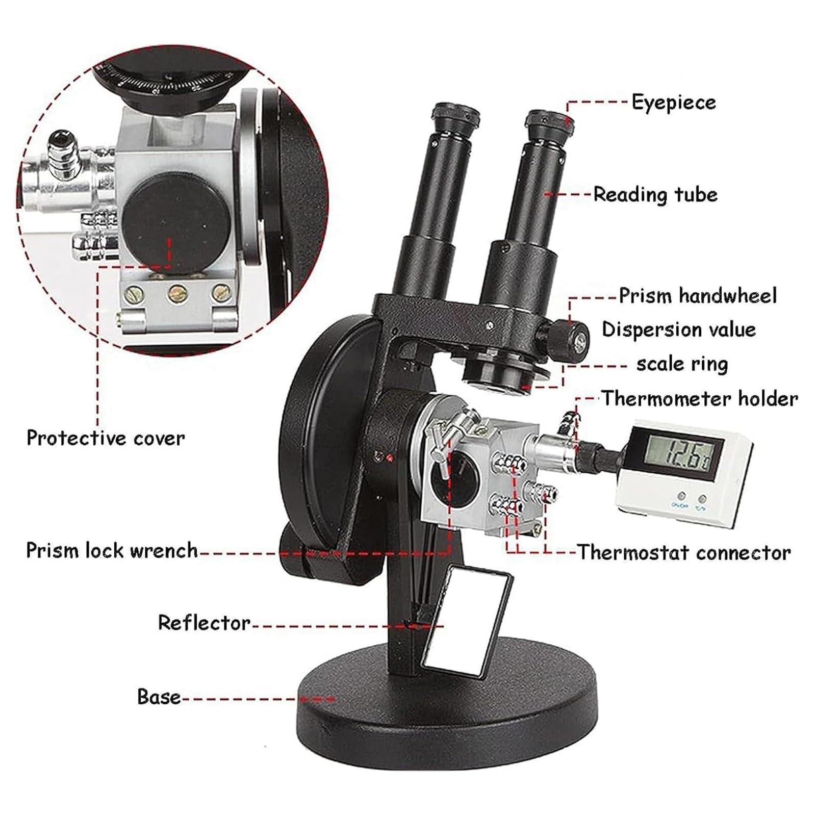 Rifrattometro Digitale Abbe, Rifrattometro Binoculare Portatile, 1,3000~1,7000Nd, ±0,0003/±0,0005, Misurazione Brix 0-95%, per Il Rilevamento della Concentrazione di Zucchero