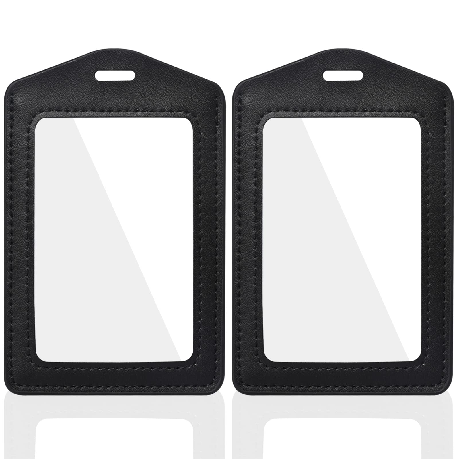 Vin Beauty 2 Pack Genuine Leather ID Badge Holders, Vertical ID Card Holders with Dual-Side Clear Window, Waterproof Name Badge Holde Suit for Office, Staff, Students, Employees(Black&Black)