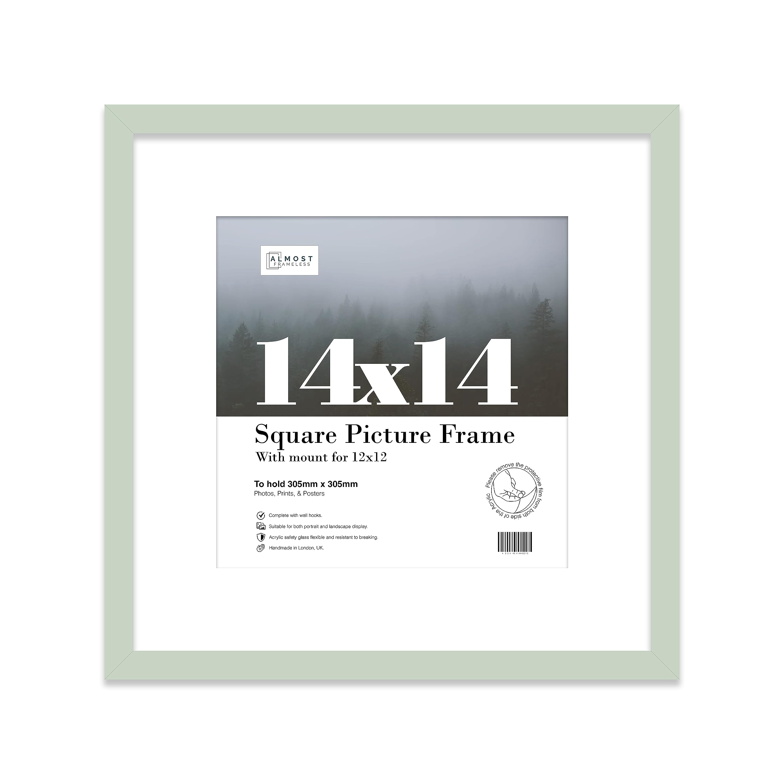 14x14 Mint Green Picture Frame with Mount for 12x12 Photos, Prints - Modern Square Wall Frame, 1 Pack