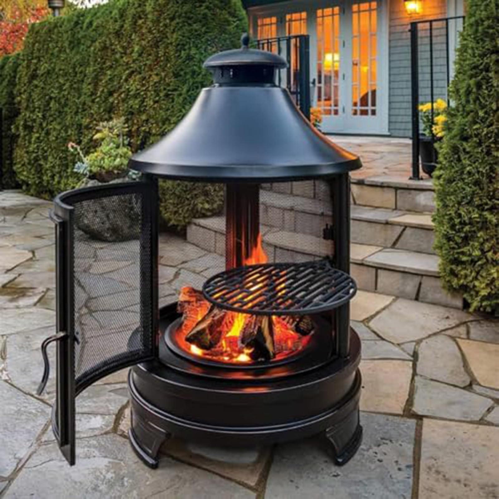 HajMyrdonyx 2 in 1 Fire Pit for Outdoor, Wood Burning Fire Pit & Metal Chiminea Fireplaces with Spark Screen Doors & Grill Grate, Outside Wood Burning Fire Pit for Patio, Lawn, Backyard
