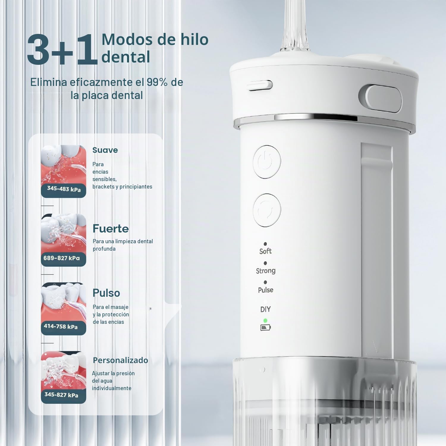JTF Irrigador Bucal Mini, Portátil Dental Limpieza Eléctrica Inalámbrico Viaje con 5 Boquillas, 4 Modos de Pulso, 230 ML Depósito de Agua Retráctil, IPX7 Resistente Al Agua (Blanco)