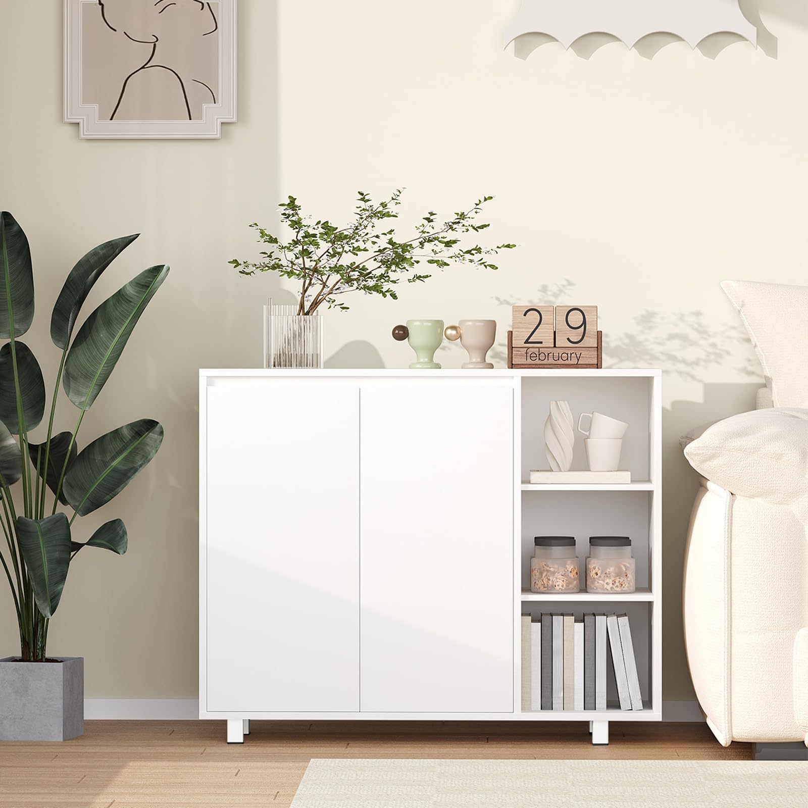 BEWISHOME Badezimmerschrank,Badschrank mit 2 Türen,Küchenschrank,Badezimmerschrank mit Offenem Fach & Verstellbarer Ablage,Viel Stauraum für BadBadezimmer,Wohnzimmer & Küche,35x100x80 cm,Weiß EYYG20W