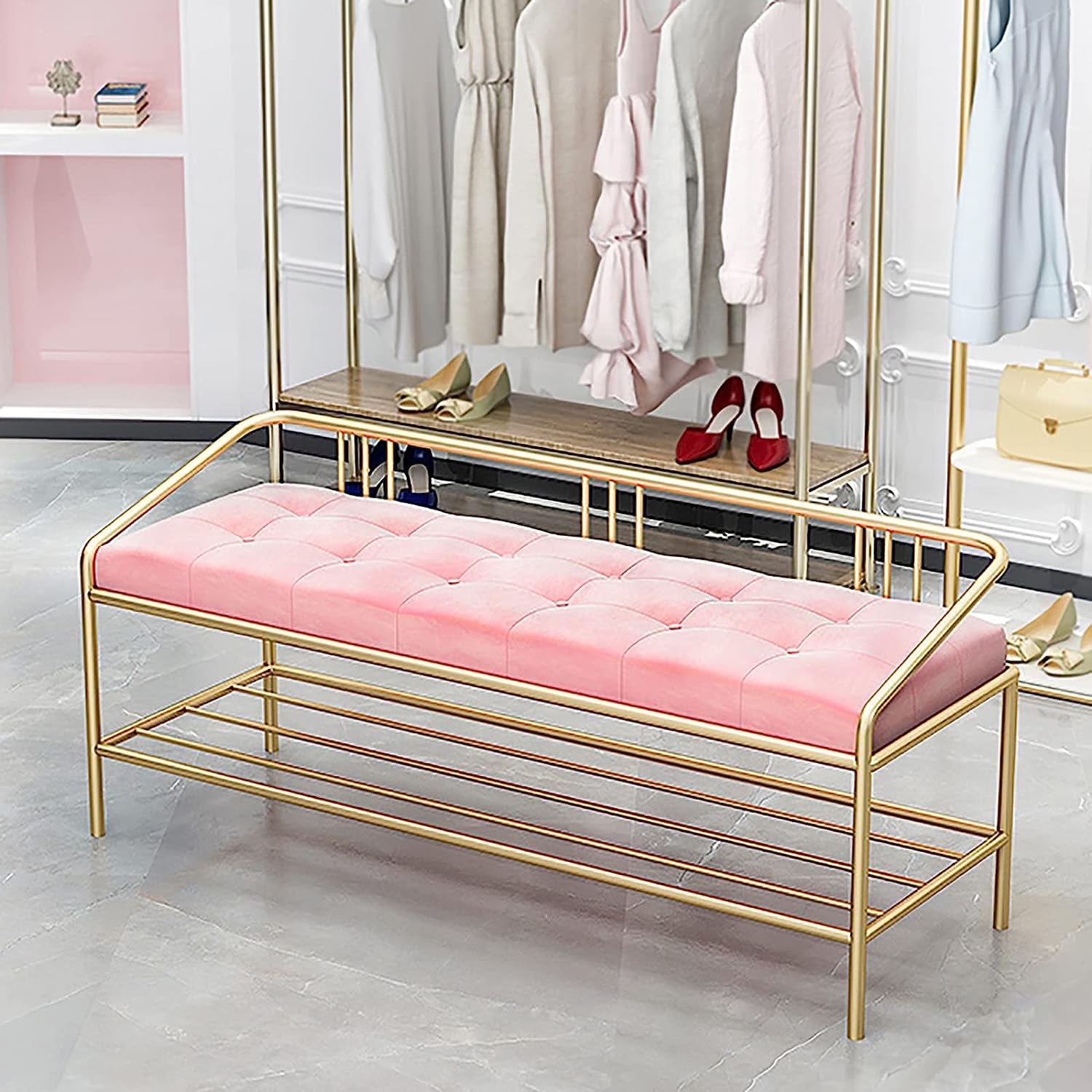 Étagère à chaussures en métal avec banc rembourré rose pour un couloir toujours ordonné