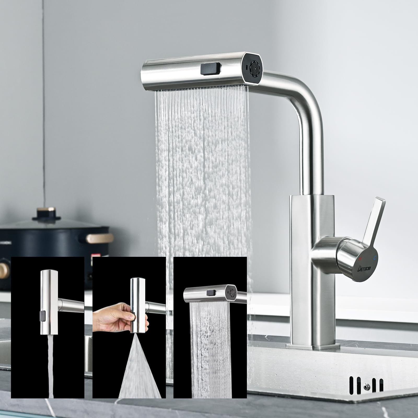 Rubinetto Cucina Estraibilecon 3 Modalità Getto, DETBOM Rubinetto Lavello Cucina Acqua Fredda e Calda, Rotazione di 360° Miscelatore Cucina, Acciaio Inox, con Aeratore Rimovibile, Finitura Spazzolata