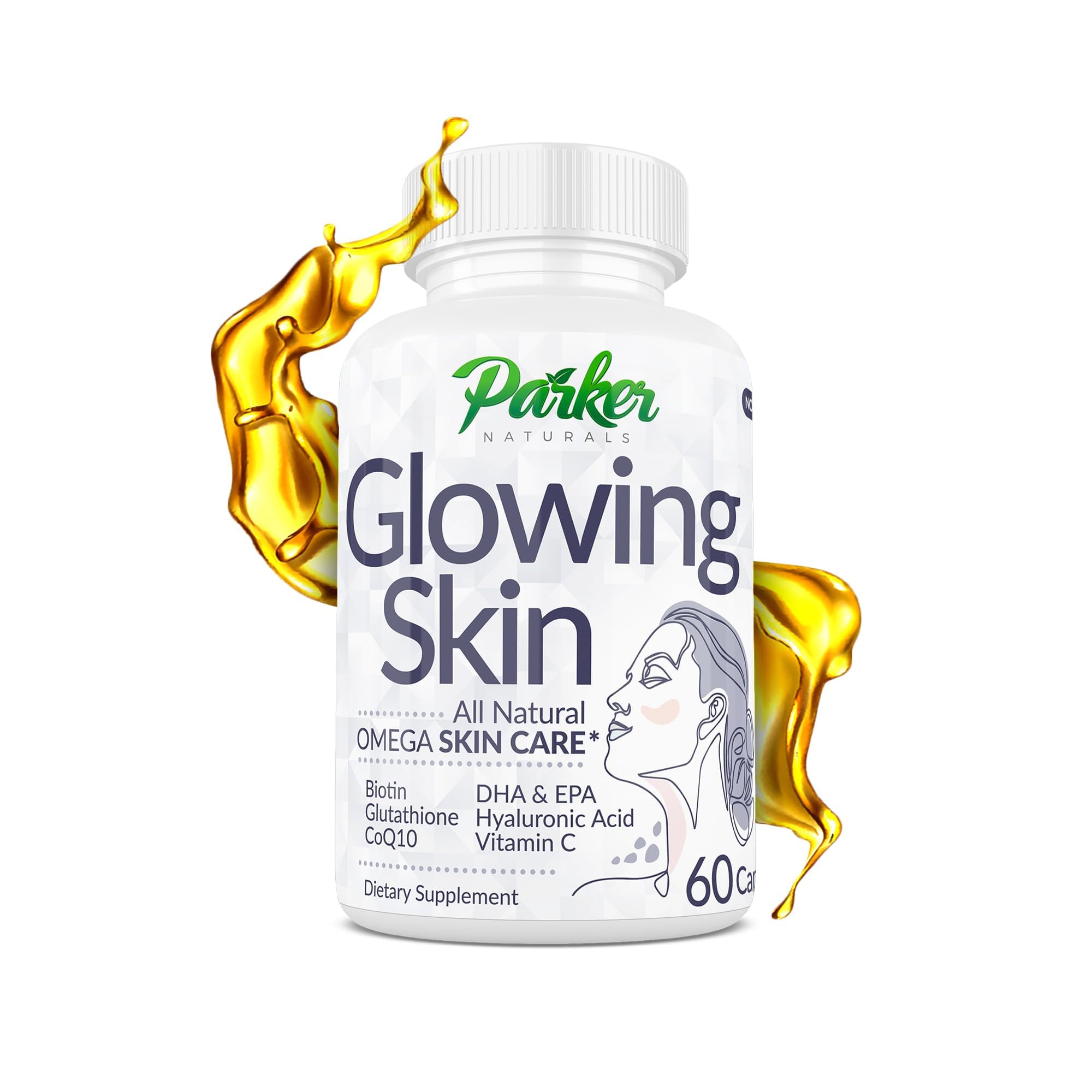 Glowing Skin Supplement - Biotin, Glutathione, Hyaluronic Acid, DHA/EPA Omega 3 Fish Oil, CoQ10, Vitamin C, All Natural Skin Care Supplement, 60 Caps