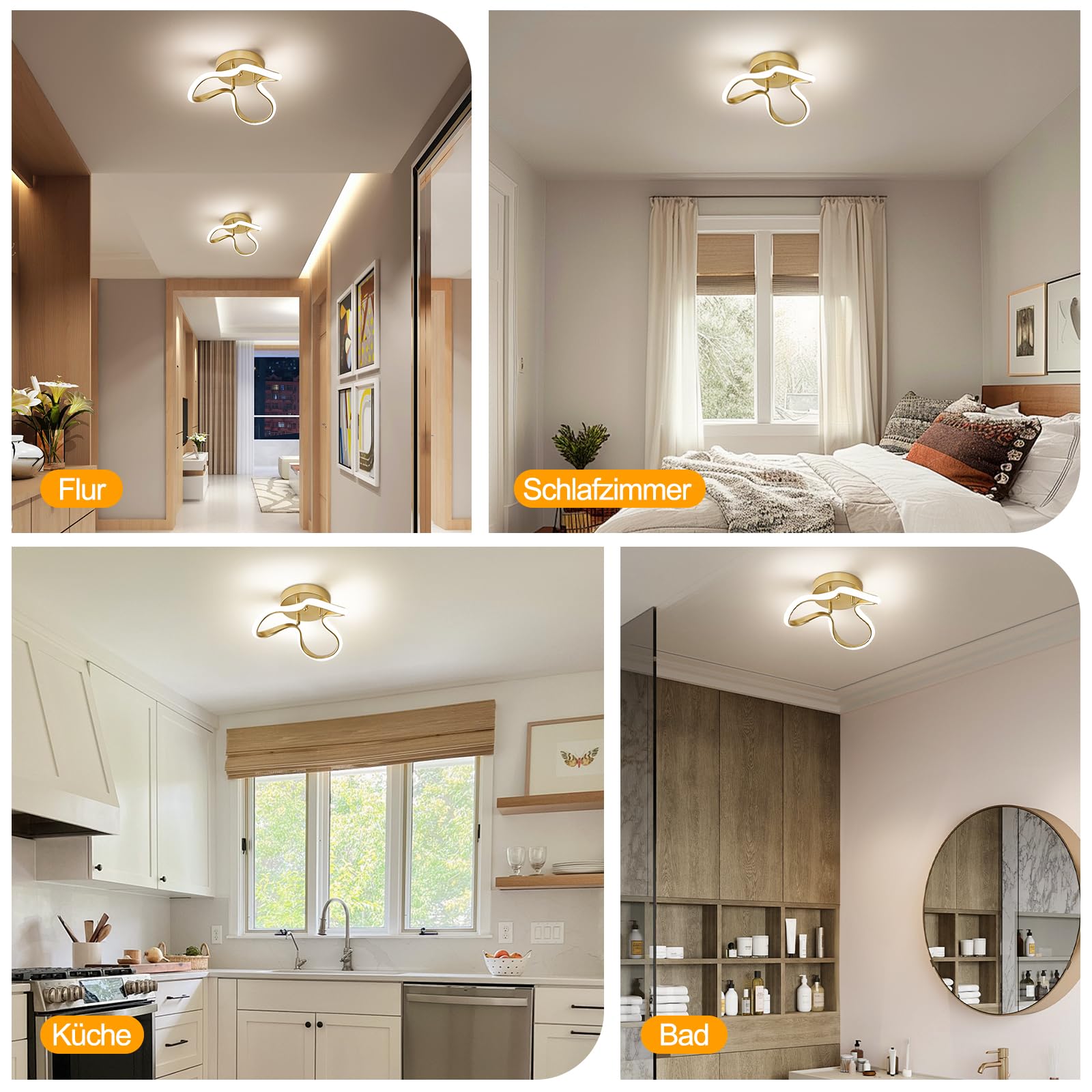 WOKNOS LED Deckenlampe 24W, 4000K Neutralweiß, 31cm Moderne Gold Aluminium Deckenleuchte,CE-zertifiziert, für Schlafzimmer, Wohnzimmer, Flur, Küche, Waschküche