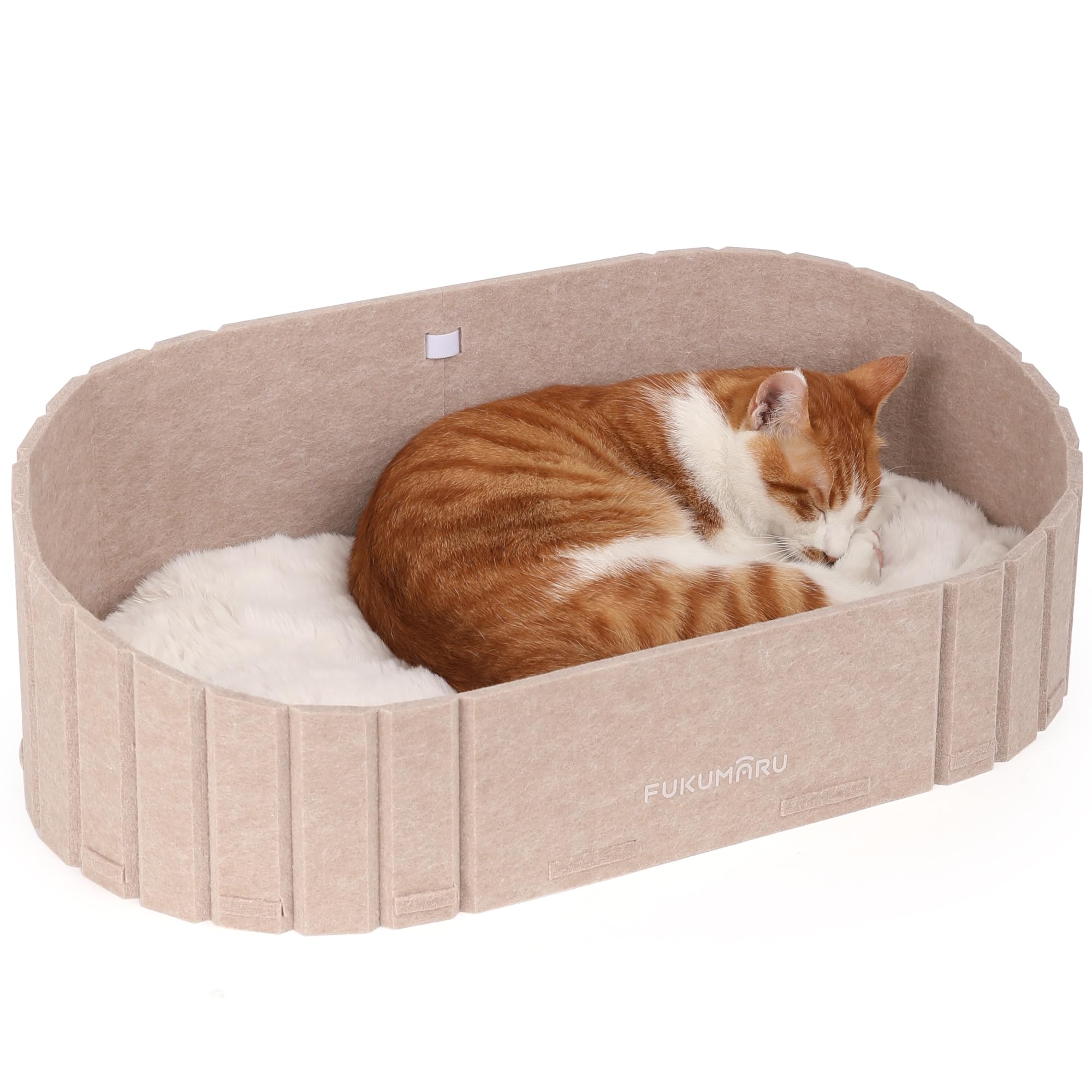 FUKUMARU Cuccia per Gatti Interno- Letto Extra Large 60 cm con Cuscino in Peluche Finto Coniglio, Divano/Casa Ovale in Feltro per Gatti Domestici. Sabbia