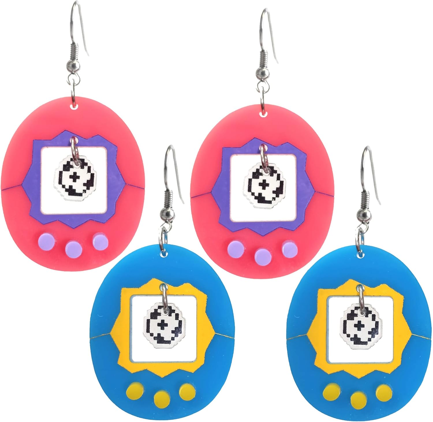 Vintage Style Virtual Digital Pet Toy in Blue Or Pink Pixel Egg Shaped Toy Inspired Big Dangle Earrings 90s Jewelry